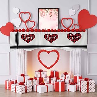 Mantle Scarf Valentine's Day Buffalo Check Love Heart Fireplace Scarf Black Stripes on White Mantle Cover Runner for Festive Party Supplies Decor,70x17In
