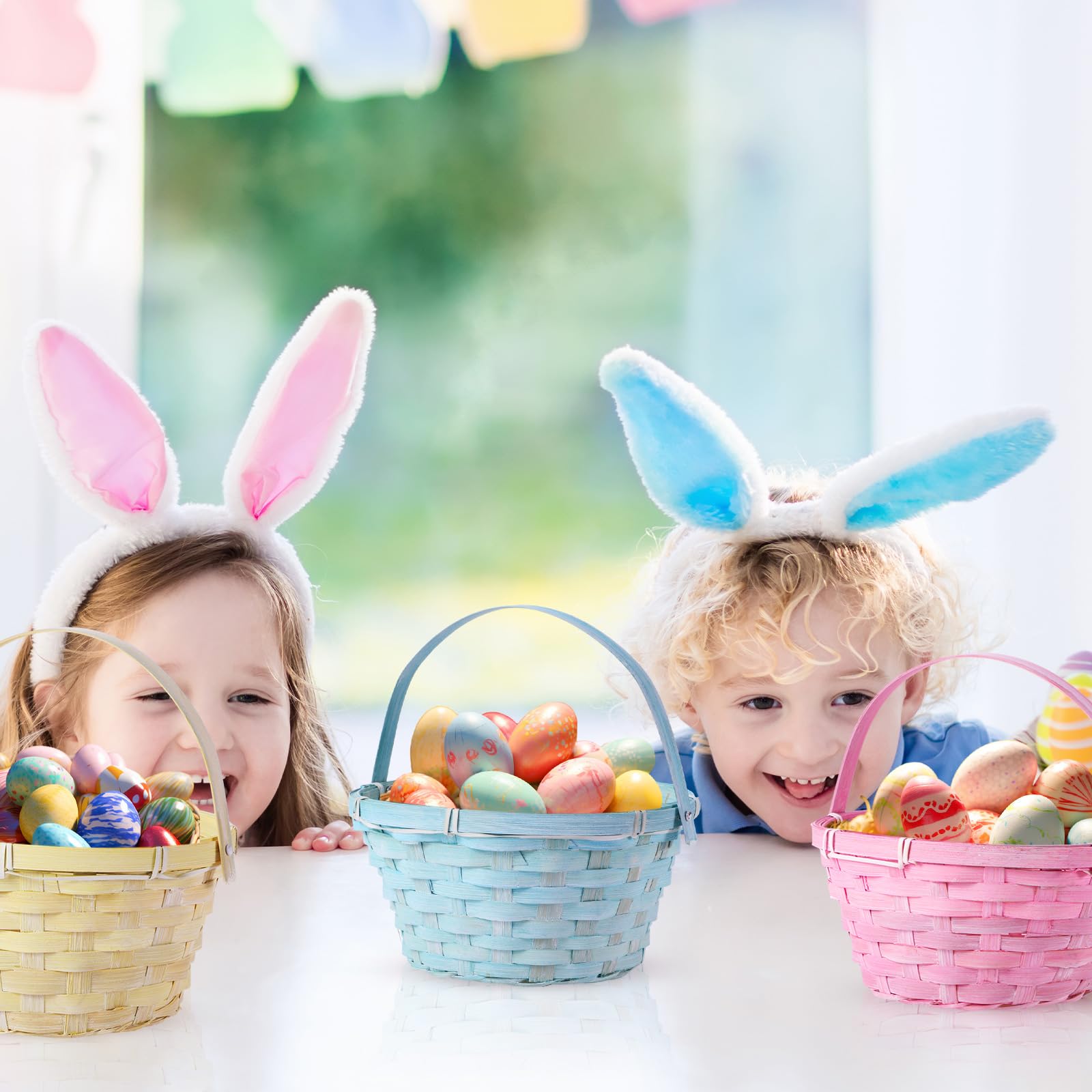 Yulejo Easter Woven Bamboo Basket Round Small Woven Basket with Handle Buckets for Easter Egg Hunt Picnic Party Supplies Birthday Decoration(6 Pieces, Lovely)