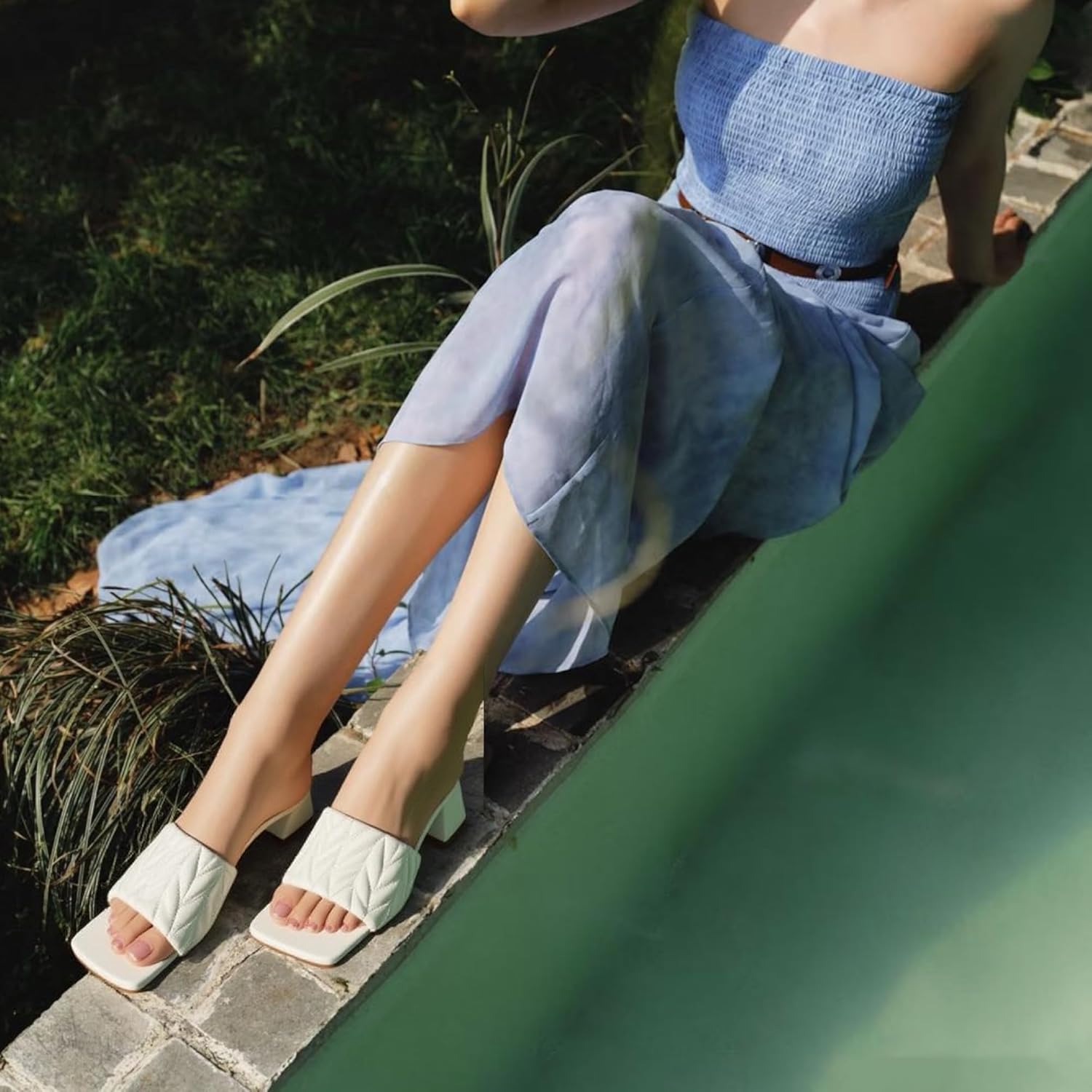 NEWBELLA Women's Square Toe Mules Sandals - 2 Inch Chunky Block Heel Slip-On Slides, Open Toe Dressy Summer Shoes for Casual & Office, Beige 7.5 - Image 7