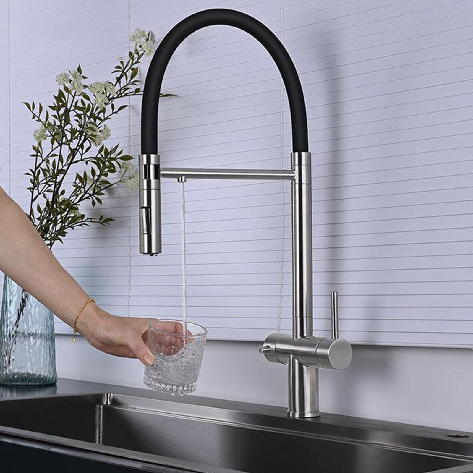Grifo Mezclador de Cocina y baño Moderno de 3 vías, Giratorio, 2 manijas, Fregadero de Acero Inoxidable, Filtro de Agua Caliente y fría, Oro Cepillado.