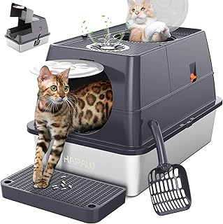 Caja de arena de acero inoxidable con tapa, bandeja de arena extragrande para gatos abatible de 135°, caja de arena de metal cerrada con pala de arena y pedal de filtro, sin olor, entrada doble