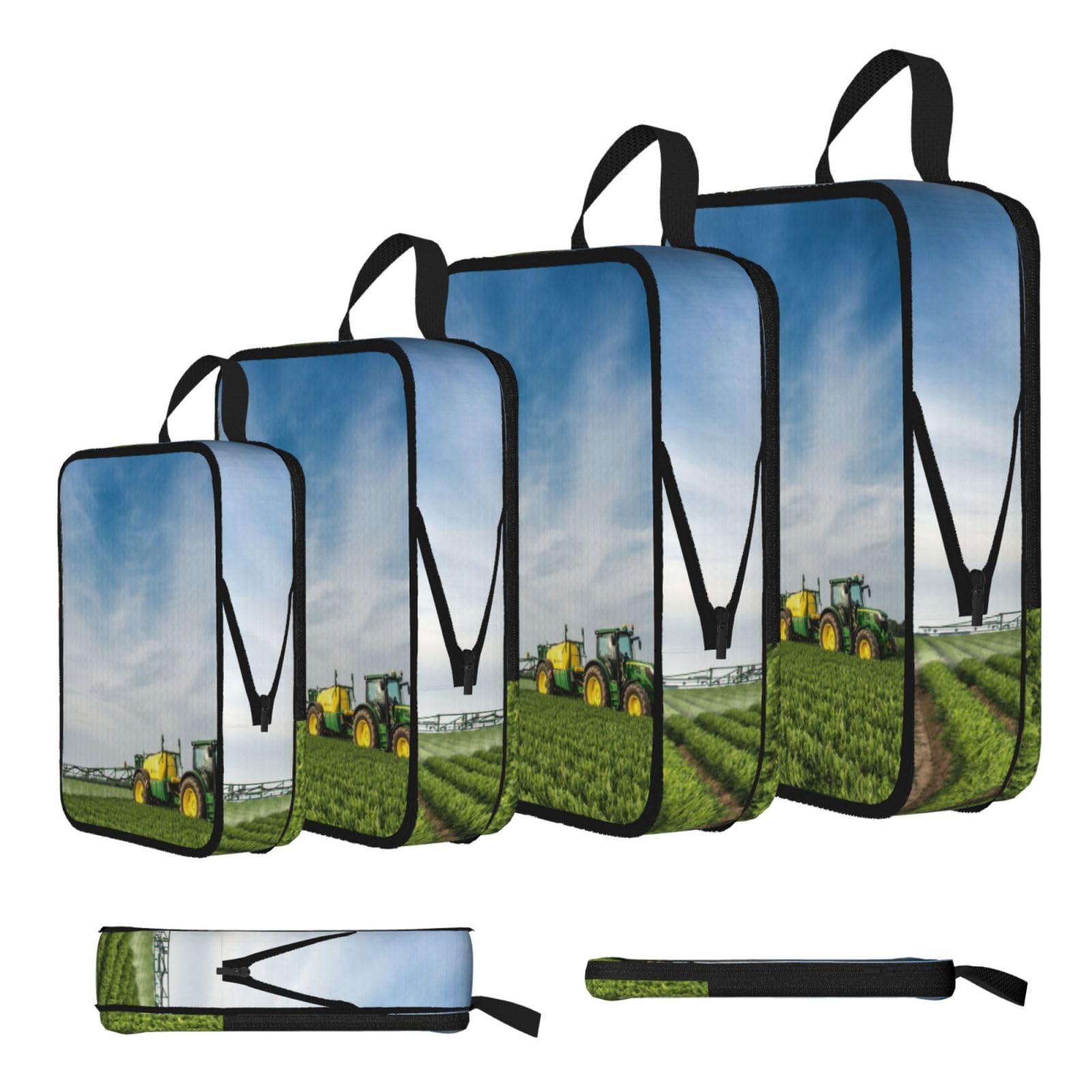 Tractor Farm Print Compression Packing Cubes 4-Piece Set With Multi- Compartment Travel Bag, Waterproof Suitcase Organiser Bags
