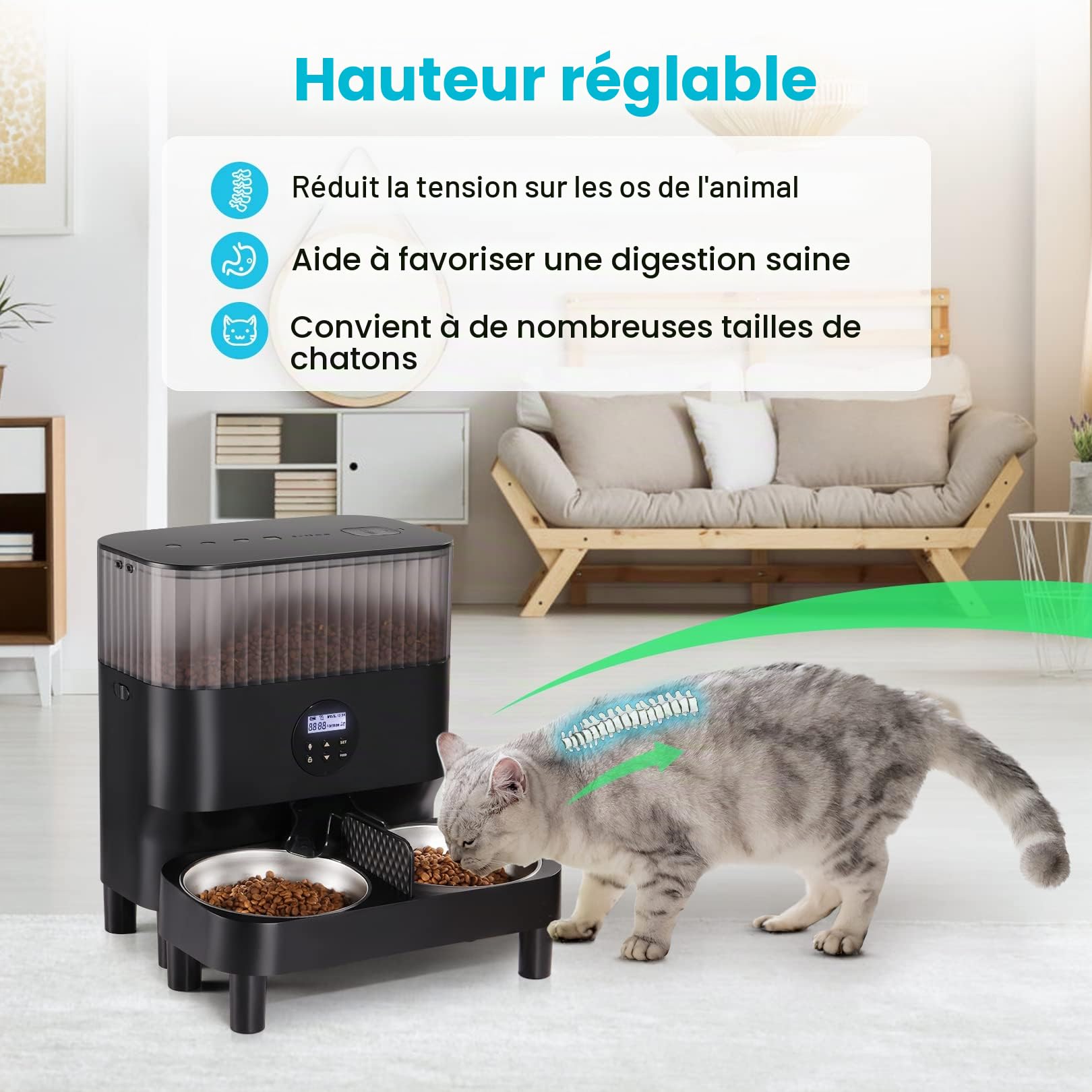 Sailvono Distributeur Automatique de Nourriture pour Chat 5 l avec 2 gamelles, Distributeur de Nourriture Intelligent pour Chat/Chien, enregistreur Vocal, avec 2 Bols en Acier Inoxydable, Blanc