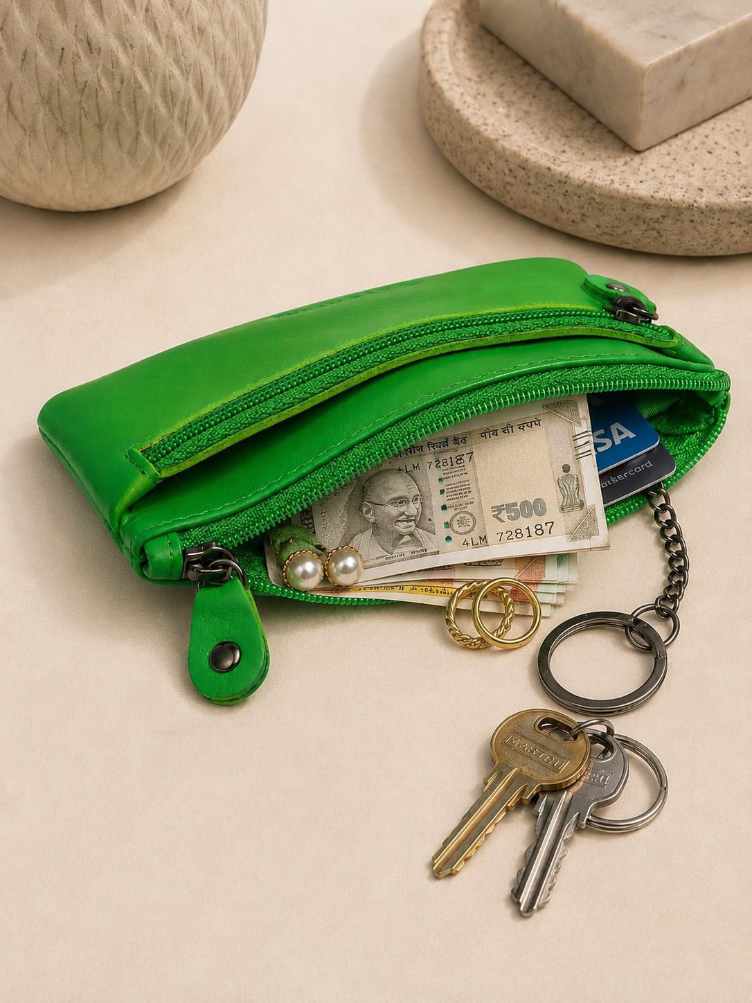 CALFNERO Genuine Leather Coin Wallet & Key Case | Leather Key Organizer for Men Women | Zippered Key Holder, Coin Purse, Cash & Card Pouch | Unisex Compact Travel Wallet (Parrot-Green) 3