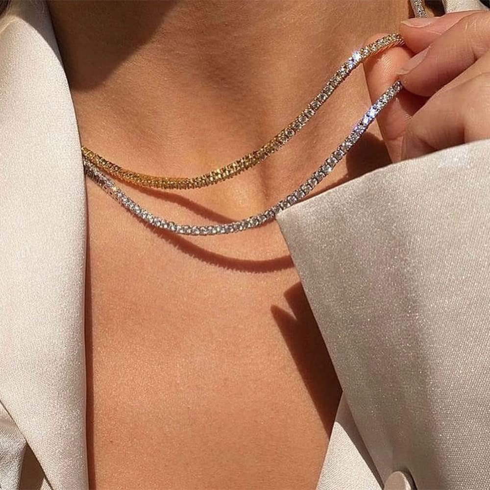 Miniatura 3 de GUOKE 5A Tennis Choker Necklace for Women, 14K Gold Diamond Sparkly Silver Necklace 2MM 3MM 14Inch 16Inch
