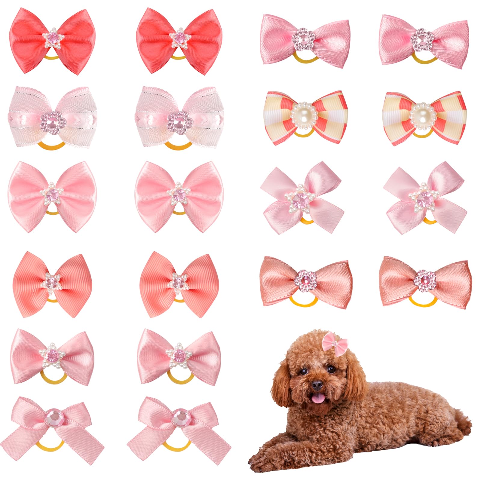 Maxqzin 20PCS Dog Hair Bows with Rubber Bands, Dog Bows Cute Pink Dog Hair Bows for Small Dogs Girl Handmade Puppy Bows with Rhinestone Pearls Girl Dog Accessories for Pet Hair Grooming