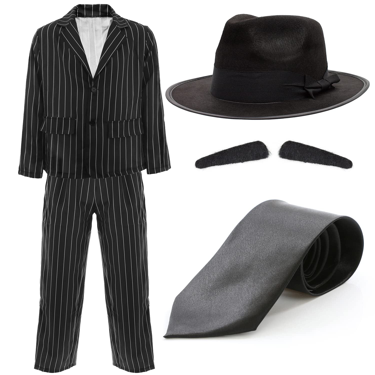 Gangster Costume – XX-Large - Black & White Pinstripe Suit Jacket, Trousers, Fedora, Tie – 1920's Film & TV Fancy Dress