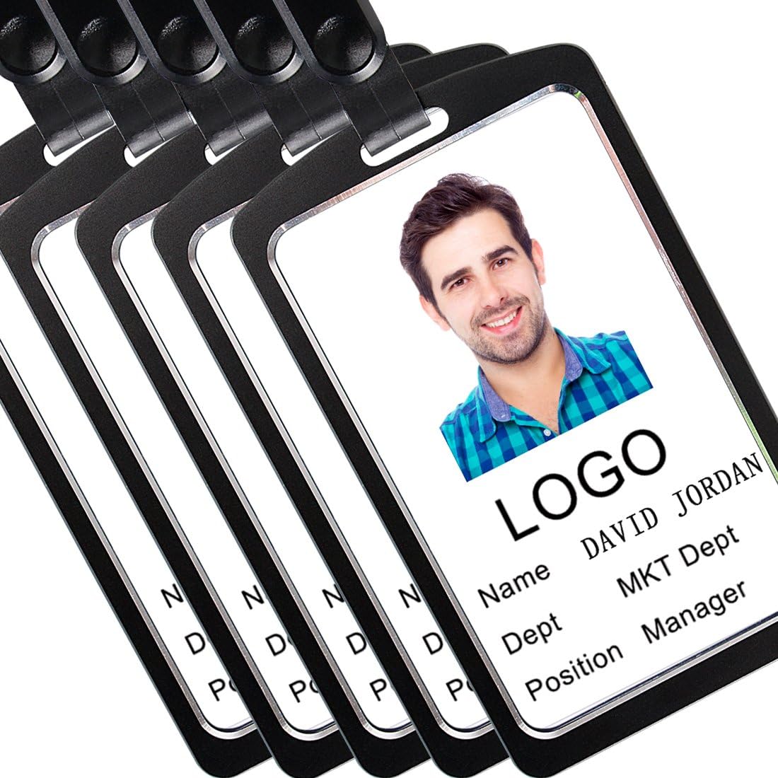 Acctrend Aluminum Badge Holder with Detachable Neck Lanyard, Black(5PCS)
