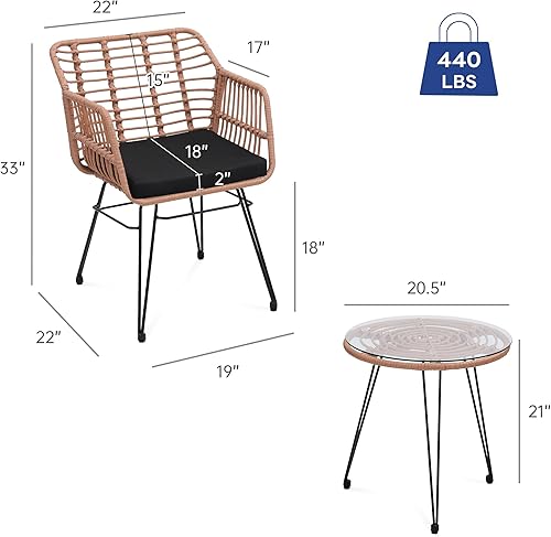 Miniatura 2 de 3 Piece Wicker Patio Bistro Furniture Set, Includes 2 Rattan Chairs and Glass Top Table, Ideal for Porch, Outdoor, Backyard, Apartment, Balcony