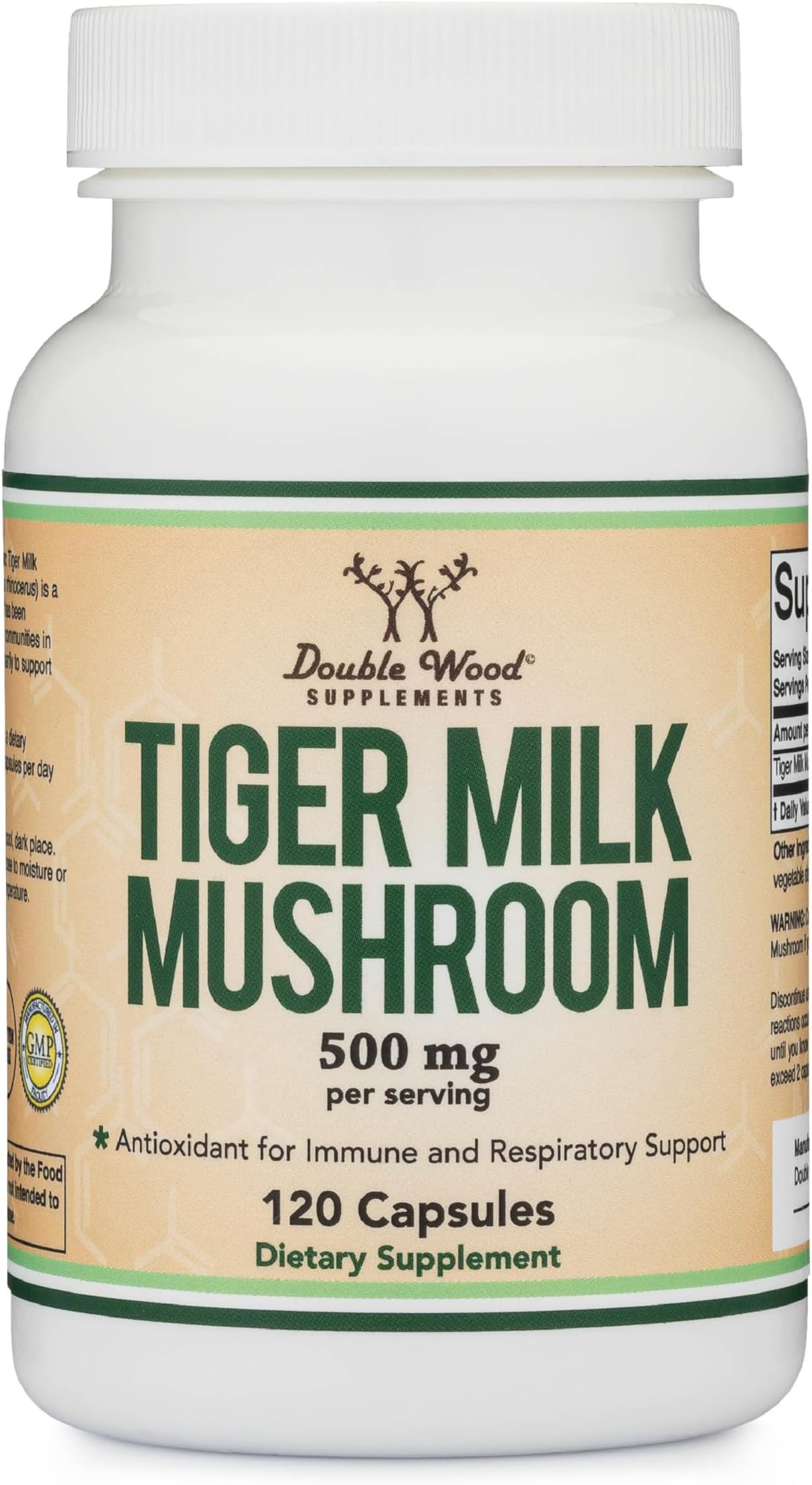 Double Wood Supplements Tigers Milk Mushroom Supplement (Lignosus Fungi) 500mg per Serving, 120 Capsules (Antioxidant for Respiratory and Lung Health Support) Vegan Safe, Non-GMO