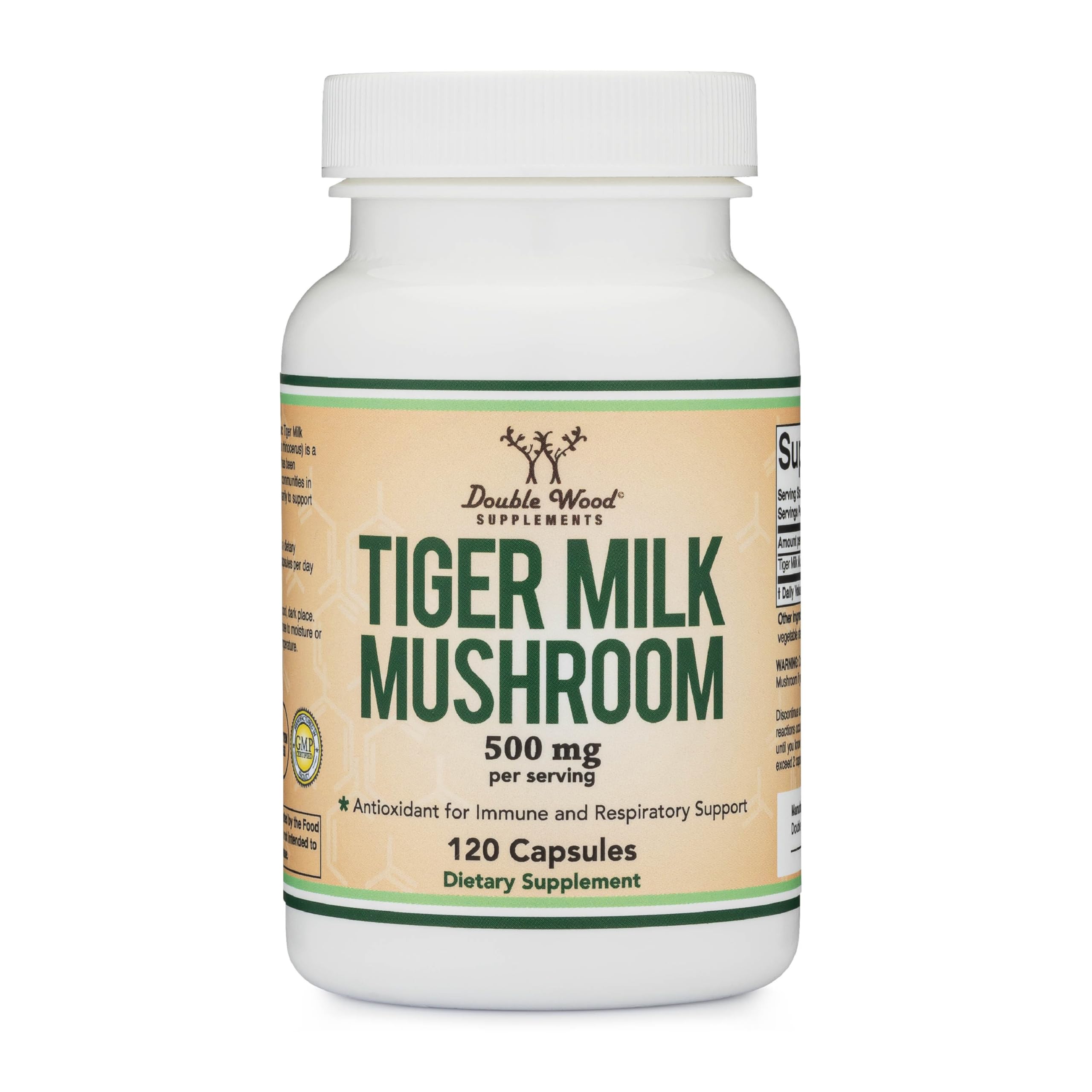 Double Wood SupplementsTigers Milk Mushroom Supplement (Lignosus Fungi) 500mg per Serving, 120 Capsules (Antioxidant for Respiratory and Lung Health Support) Vegan Safe, Non-GMO