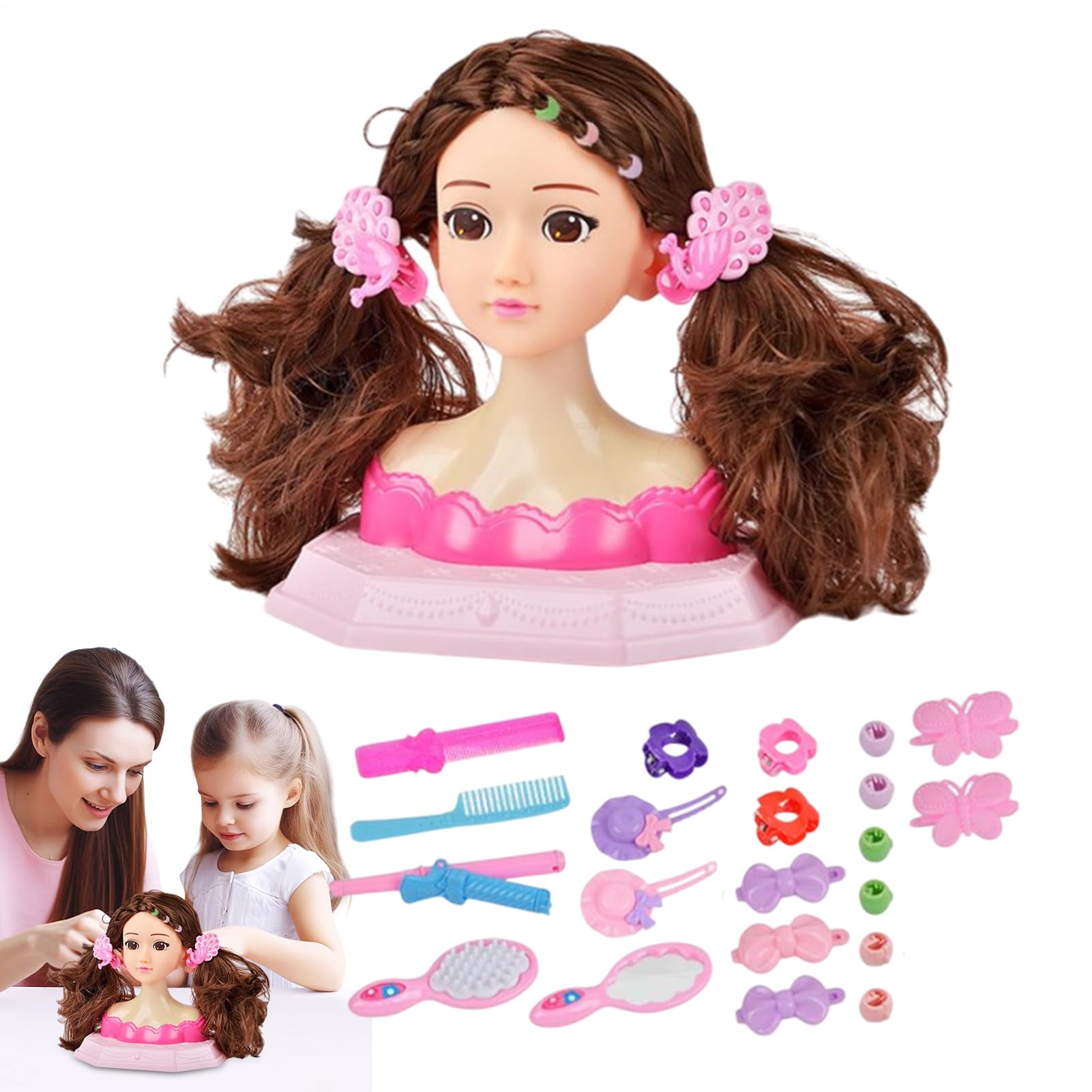 Giocattolo per lo styling dei capelli per bambine, 26 x 19 cm, in materiale ABS, morbido e sicuro, testa di manichino per trecce, taglio, trucco, gioco di apprendimento per parrucchieri in età