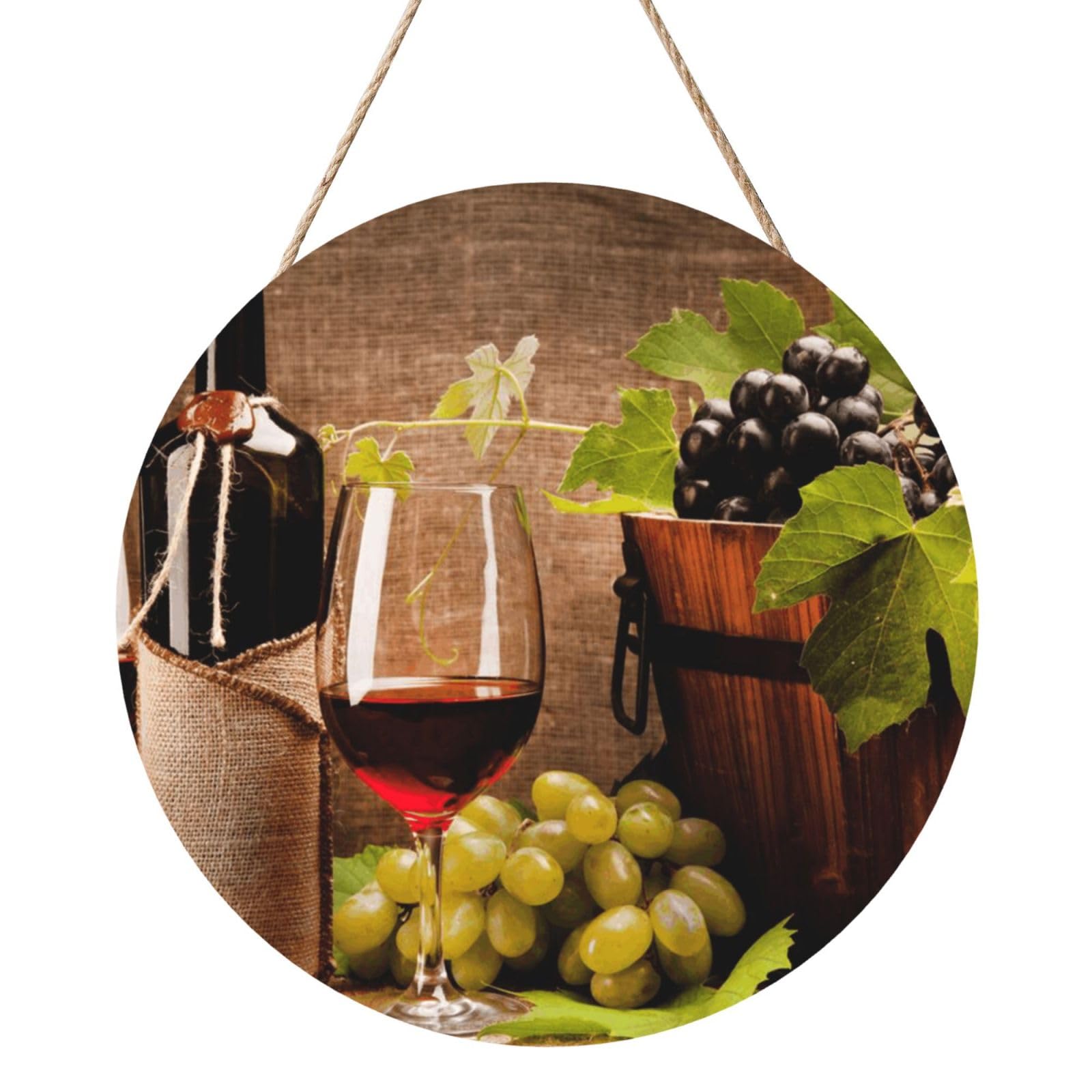 InOmak Glasses Of Wine With Wine Bottle And Grapes, Round Wood Panel Painting 12 in, Wall Hanging Painting For Home