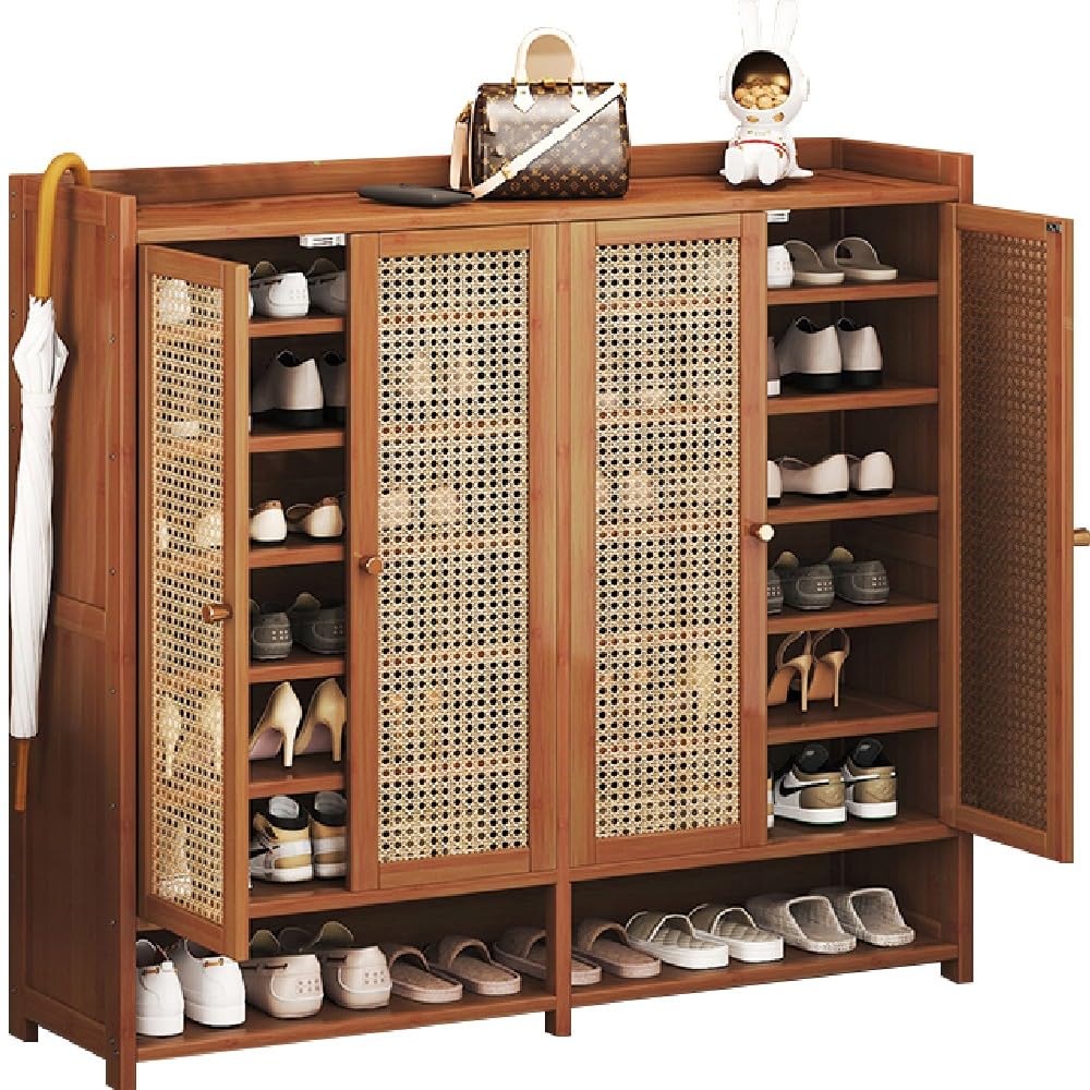 Schuhschrank aus Bambus mit 4 Rattantüren - 7 Ebenen Freistehendes Schuhregal mit Füßen, 120cm Breit - Moderner Schrank-Organizer für Flur und Wohnzimmer