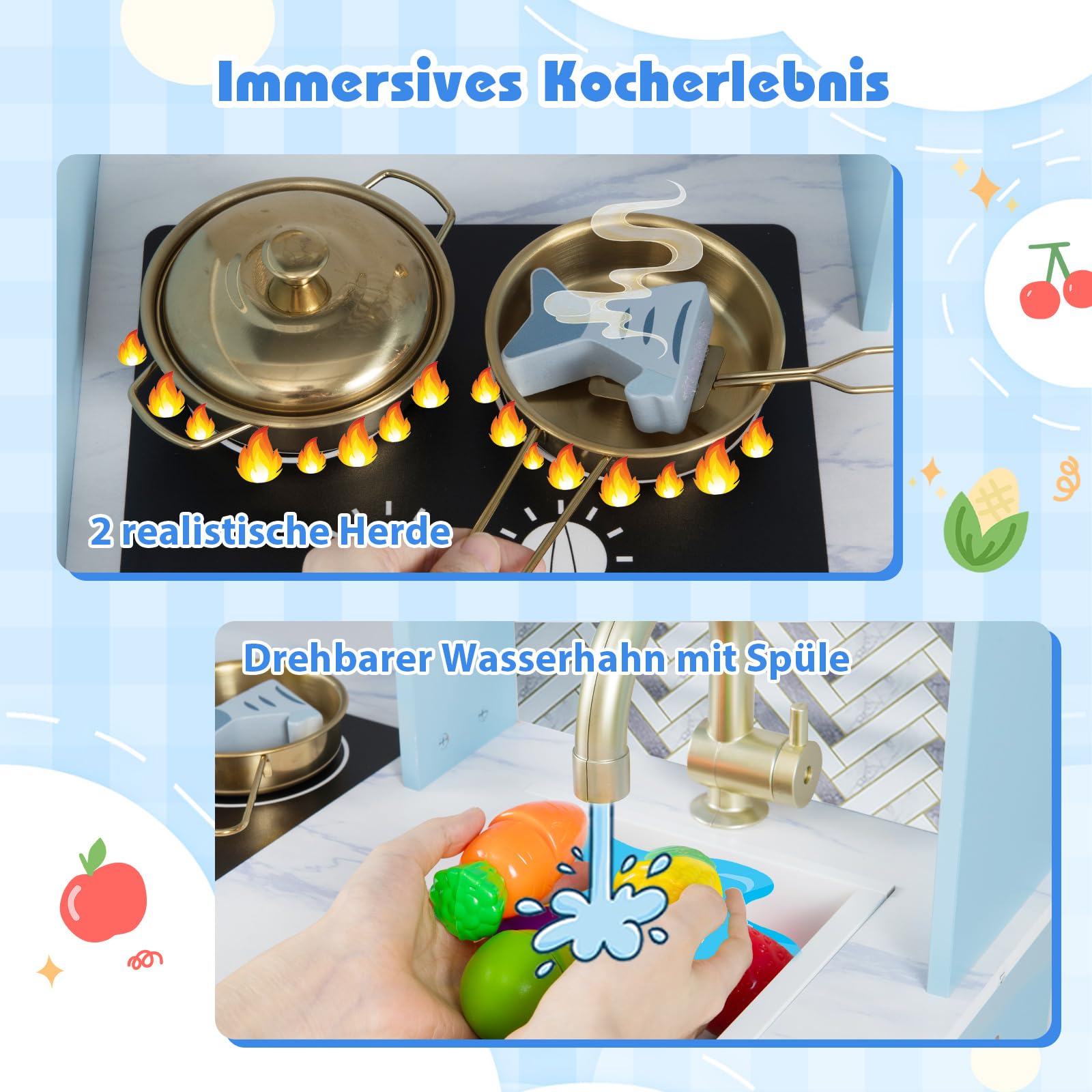 COSTWAY Kinderküche mit Zubehör, Spielküche Holz mit Herd, Wasserhahn, Spüle, Mikrowelle & Kaffeemaschine, Spielzeugküche Holz für Kinder ab 3 Jahren