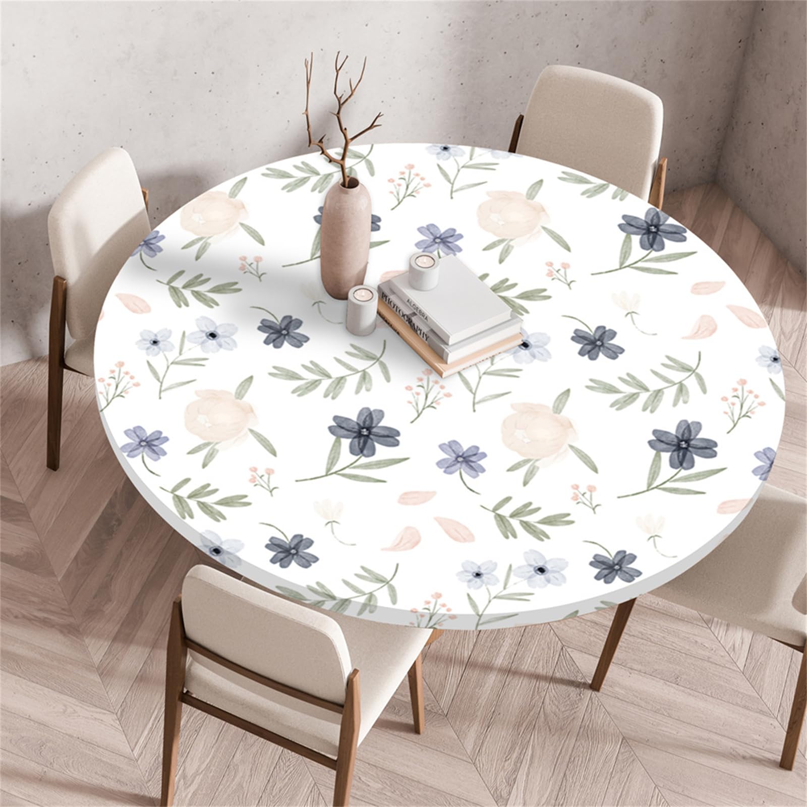 Muiuou Round Tablecloth, Waterproof Wipeable Table Cover Elastic Edge, Flower Printing Reusable Round Table Cover Cloth,Kitchen Fitted Restaurant Home Decoration (Diameter 100cm,Style 7)