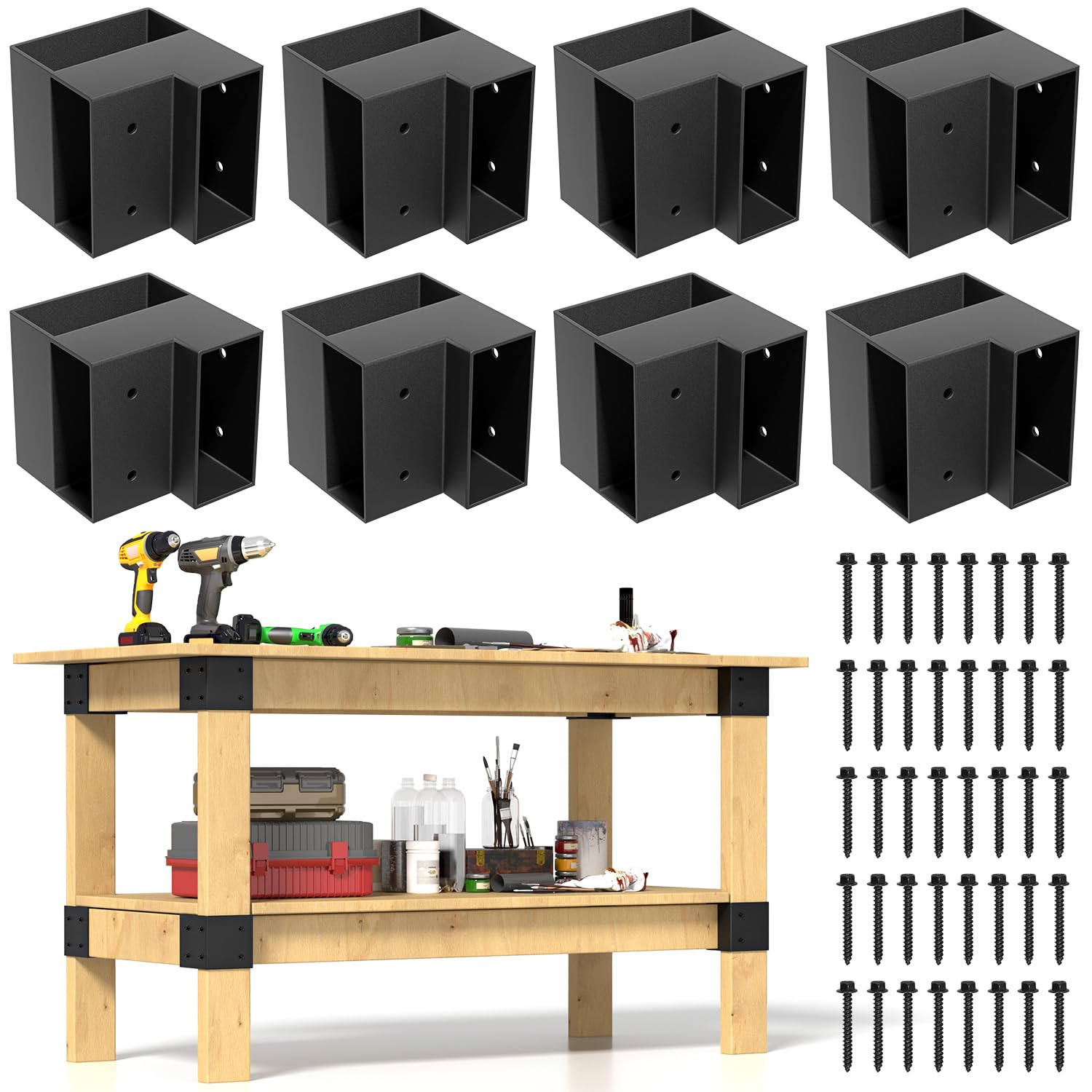 Set of 8 Heavy Duty Workbench Bracket Kit – 3-Way Right Angle Steel Corner Brackets with Screws for 2x4 (Actual 1.5"x3.5") Wood, Ideal for DIY Garage