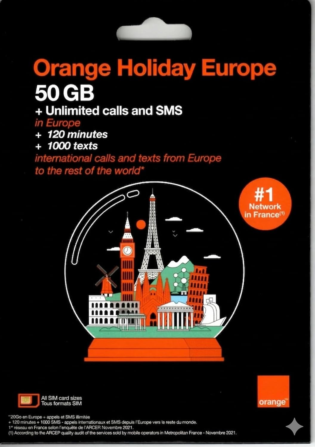 Europe SIM Card, 50GB Data 30 Days, Unlimited Local Calls + 120 Min Call Home, 48-Country Coverage incl. UK Switzerland Iceland Norway, Hotspot Enabled, Orange SuperSpeed 5G Network