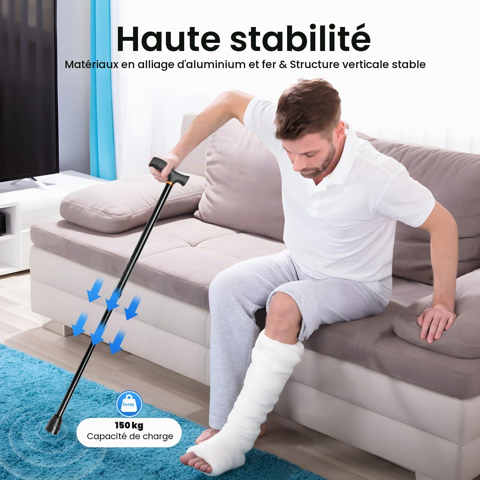 Canne d'escalier réglable en aluminium et fer avec base pour personnes âgées et aide à la mobilité (max. 150 kg)