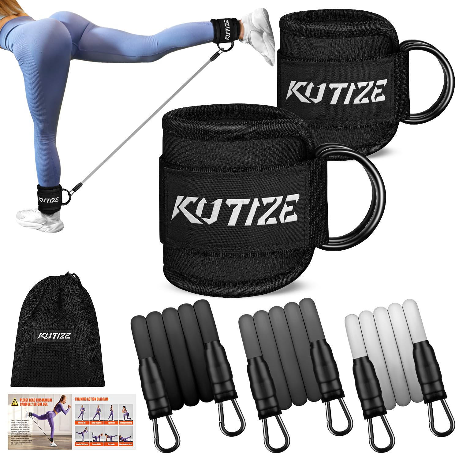 KUTIZE Resistance Bands Set with Ankle Straps, Exercise Bands for Pilates & Yoga, Adjustable Leg Weights & Glutes Home Workout Equipment, 3-Level Portable Gym fitness equipment for Women & Men