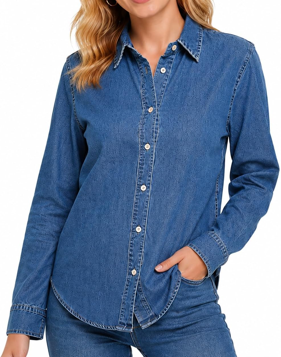 Women's Denim Button-Down Shirt, Long Sleeve, Classic Collar, Relaxed Fit, Medium Blue Wash