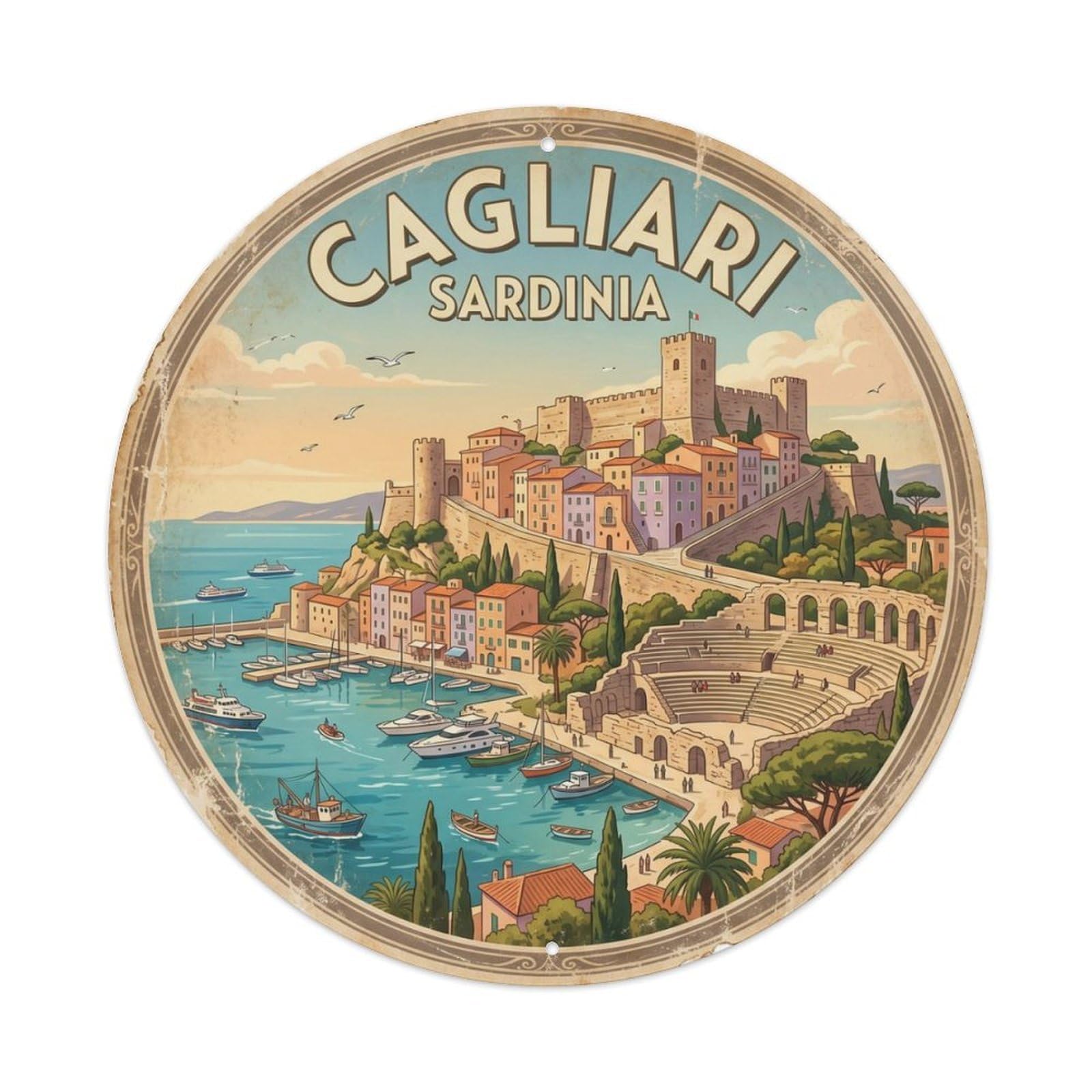 Vintage Travel Cagliari Sardinia Harbor Metal Tin Sign Plaque Wall Decor for Cafe, Club Bar, Office, Home Garden Round Metal Poster 8x8Inch