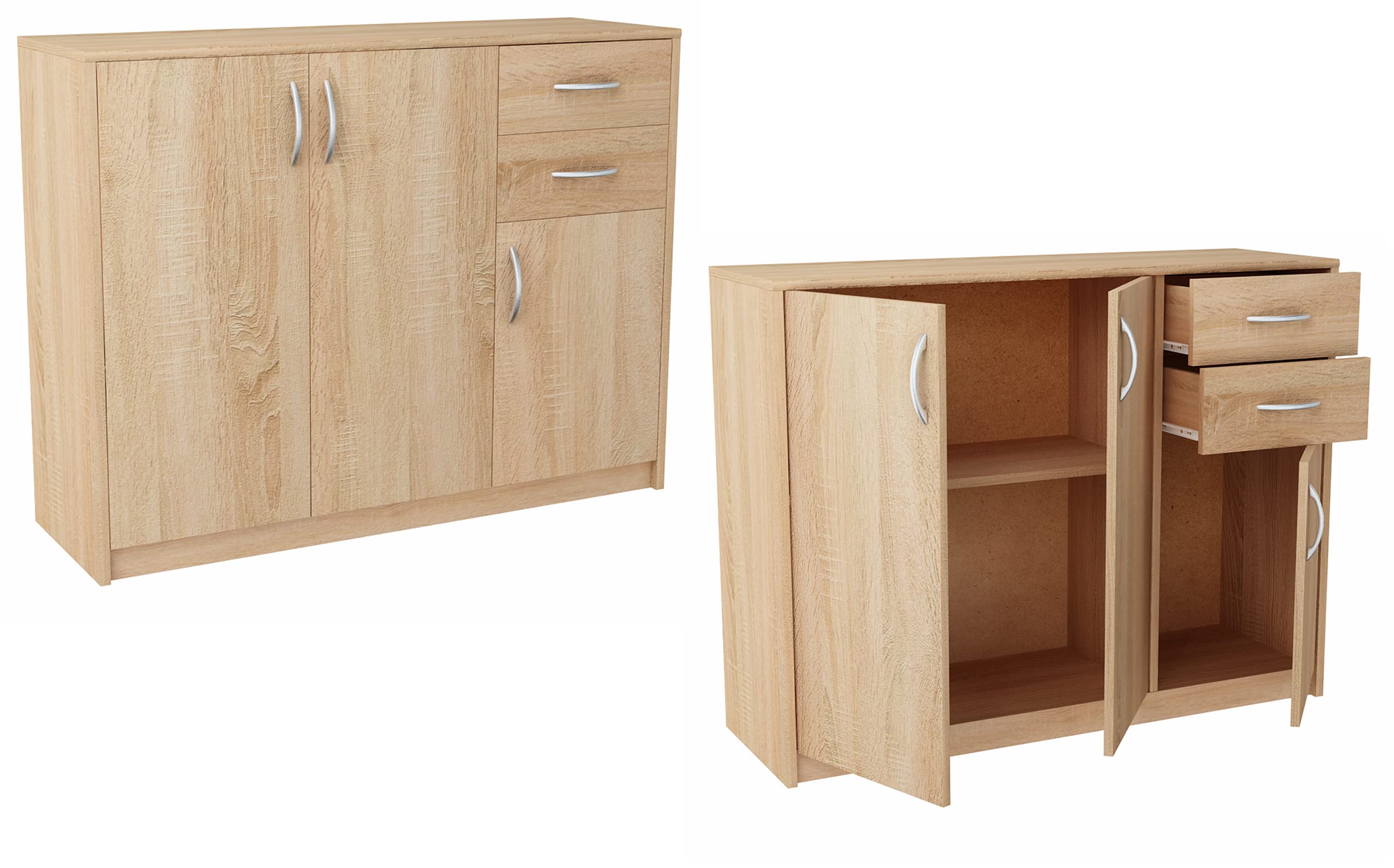 MATKAM Schlafzimmer Kommode mit Schubladen und Türen - Sideboard Wohnzimmer H:85xB:110xT:35 cm - Komode mit 2 Schubladen und 3 Türen - Komodenschrank für Schlafzimmer - Sonoma Eiche