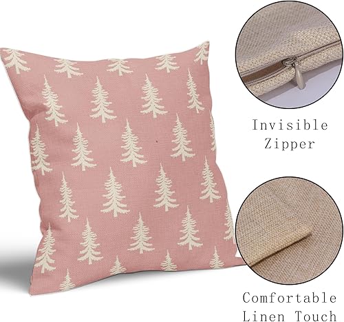 Miniatura 4 de Juego de 2 fundas de almohada de Navidad de 18 x 18 pulgadas, color rosa, estilo rústico, estampado de invierno, fundas de almohada decorativas para