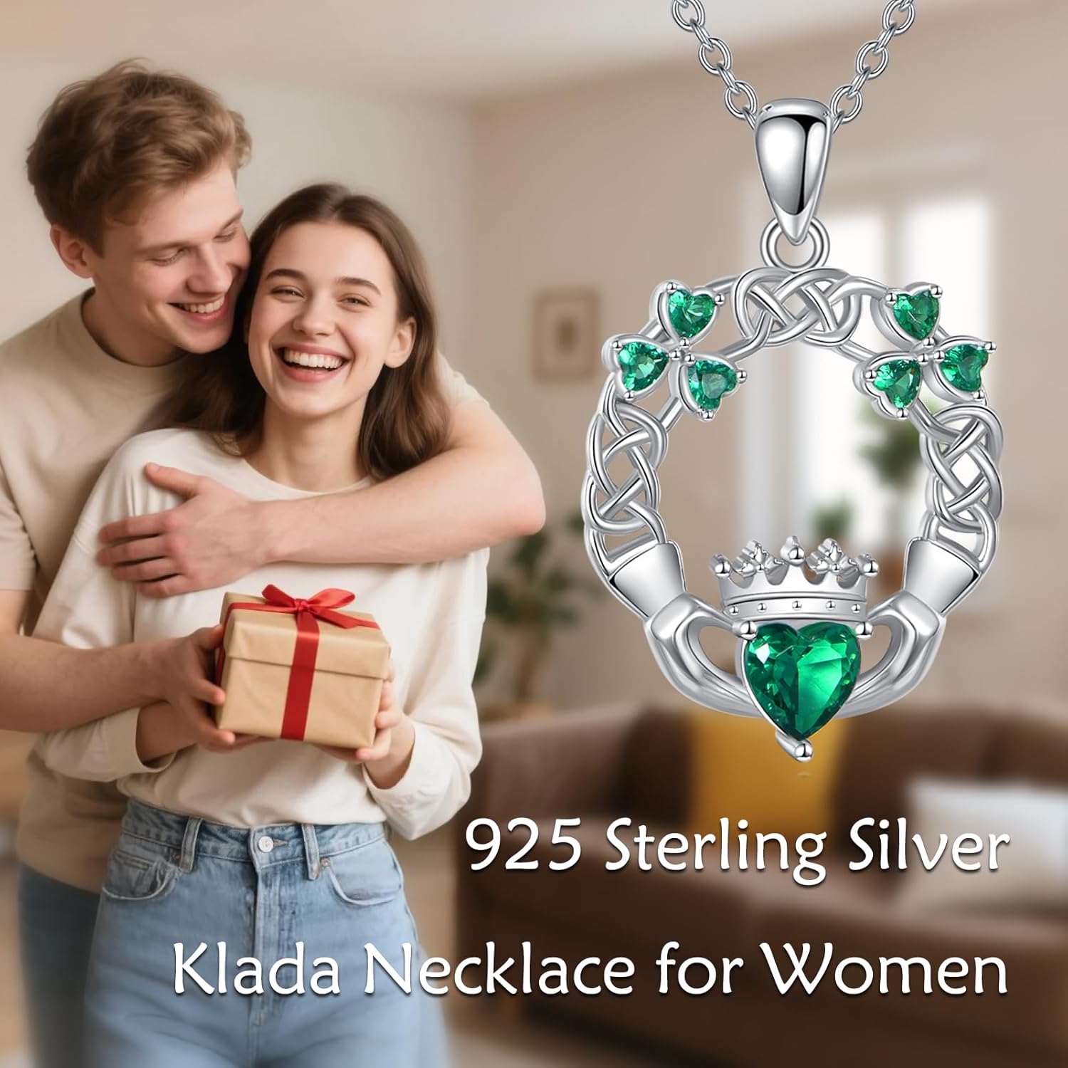 925 Sterling Silver Claddagh Necklace for Women Shamrock Clover Green CZ Pendant with 18+2 Inch Silver Chain Love Celtic Irish Jewelry for Women - Image 6