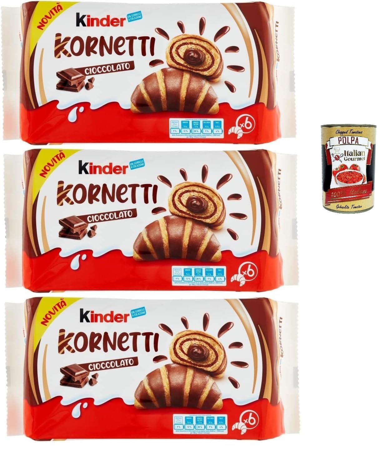 Italian Gourmet Lot 3x Kinder Kornetti Cioccolato – Cornets briochés moelleux fourrés au chocolat, viennoiserie emballée pour petit-déjeuner & goûter, snack sucré 3 x 252 g + Italian Gourmet Polpa