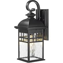 Emliviar Outdoor Light Fixture Wall Mount, Exterior Wall Sconce for Front Porch, Black Finish with Water Ripple Glass, DE279B BK-WP