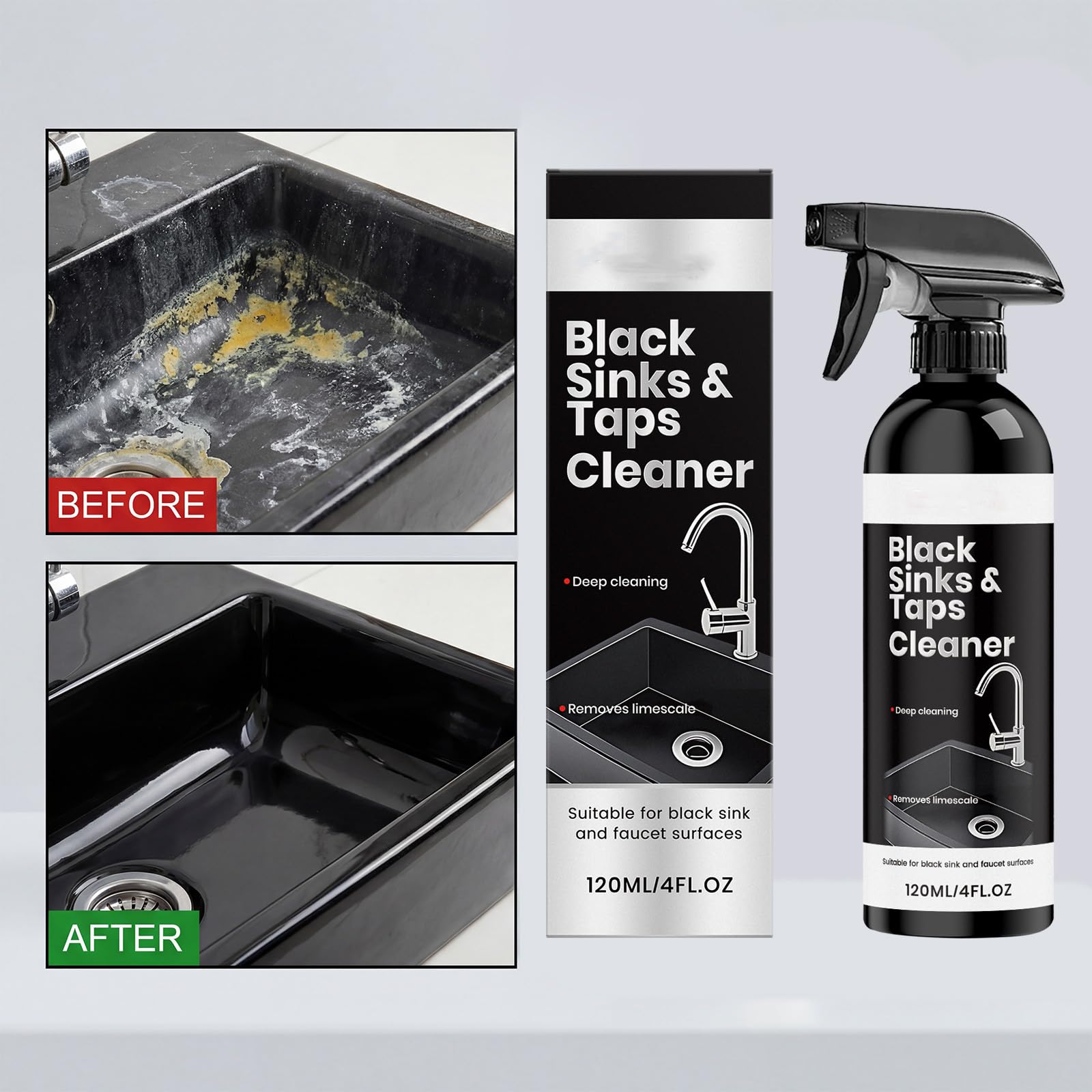 Multi Surface Black Sinks & Taps Cleanser, Hard Water Mark Removal Spray, 2026 New Stainless Steel Basin & Cookware Cleaner, Limescale Eliminator Fit for Diverse Kitchen Basin Surfaces (5 stücke)