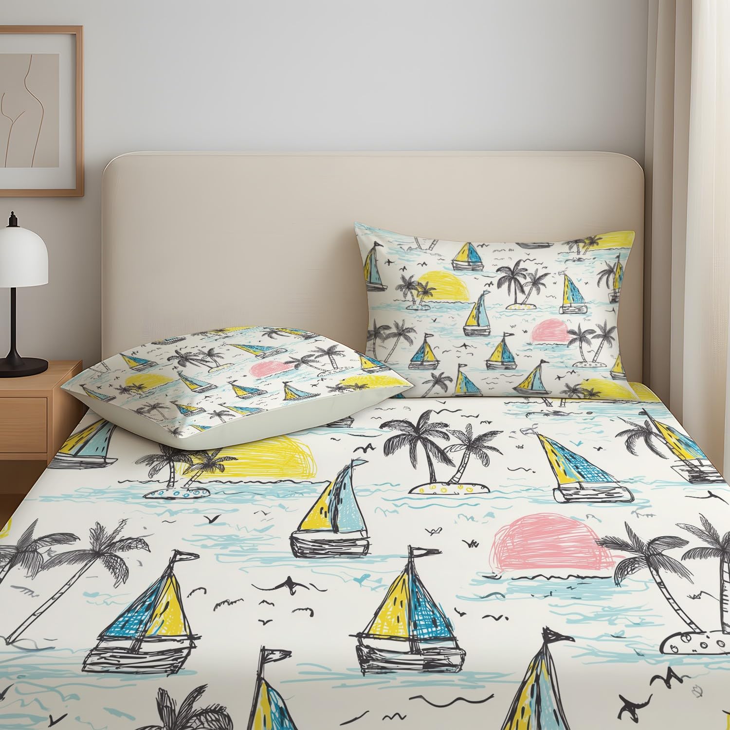Playful Seaside Sábana bajera ajustable de verano, velero, palmera, pájaro, 30 cm de profundidad, microfibra, transpirable, para cama de matrimonio pequeño para niños y adolescentes, decoración de