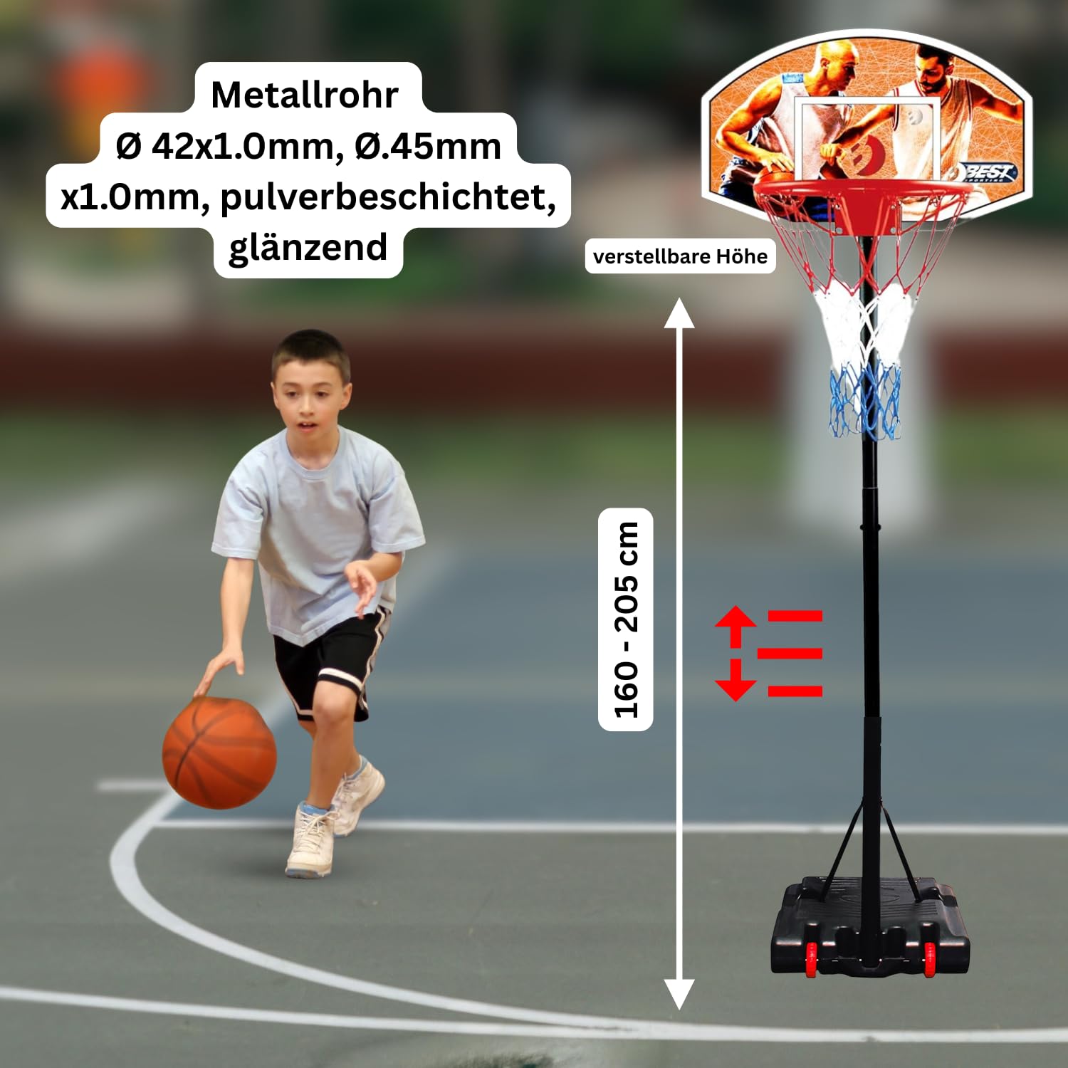 Best Sporting Basketballkorb Outdoor mit Ständer I Höhenverstellbarer Basketball-Korb I Robuster Outdoor-Basketballständer für Kinder I Mit Transport-Rollen
