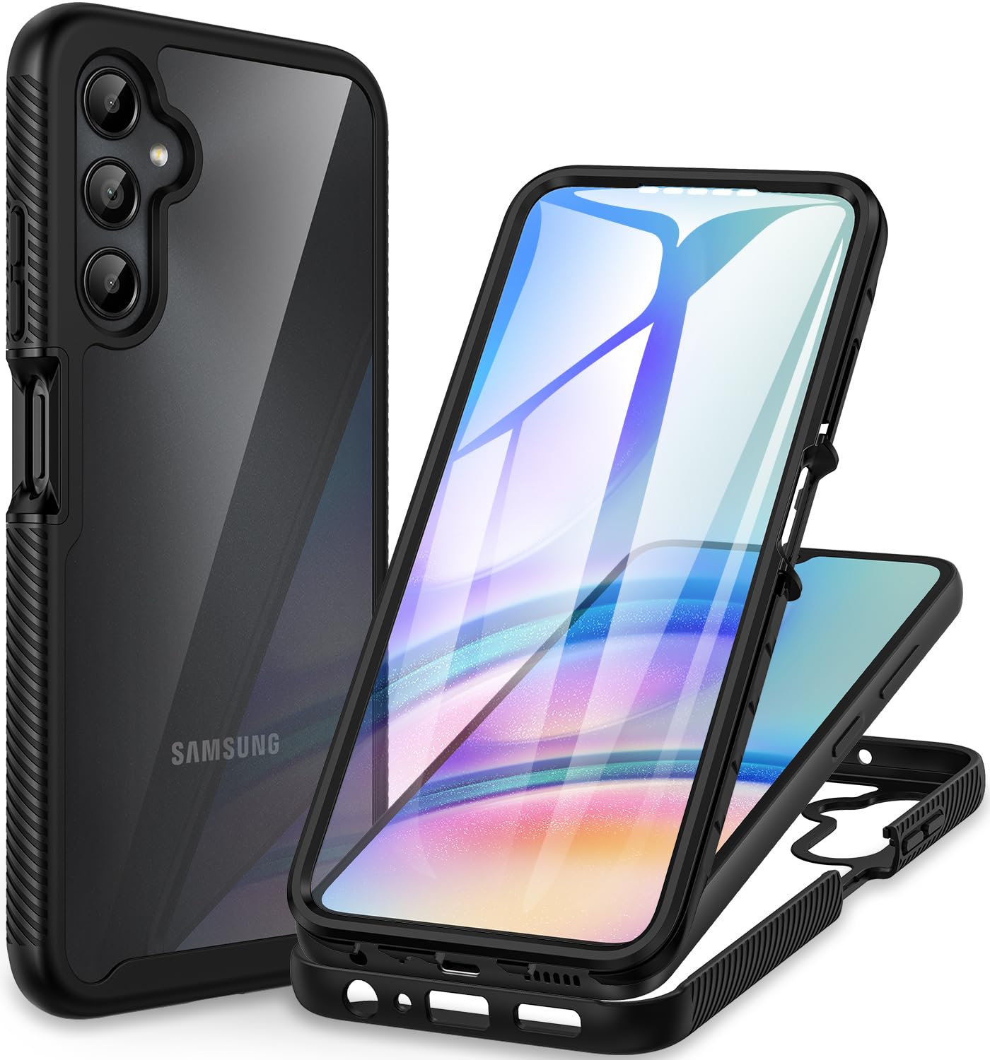 CENHUFO Cover Samsung A05s, Custodia Samsung A05s Antiurto 360 Gradi con Protezione Schermo Integrata Rugged Trasparente Case Doppia Faccia Bumper Fronte Retro Cover per Samsung Galaxy A05s -Nero