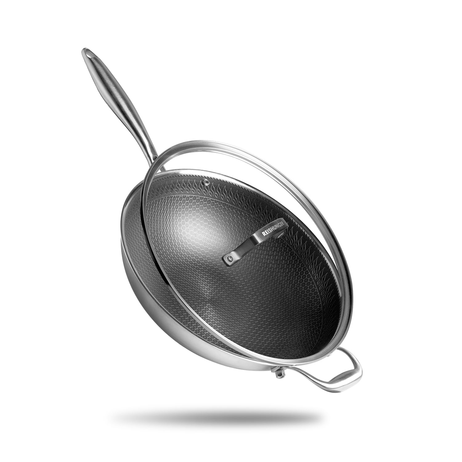 Reishunger Premium Wok aus Edelstahl | 32 cm Durchmesser | Mit Glasdeckel | Für alle Herdarten, Induktionsgeeignet | Wabenstruktur mit Antihaftbeschichtung | Spülmaschinengeeignet, Ofenfest