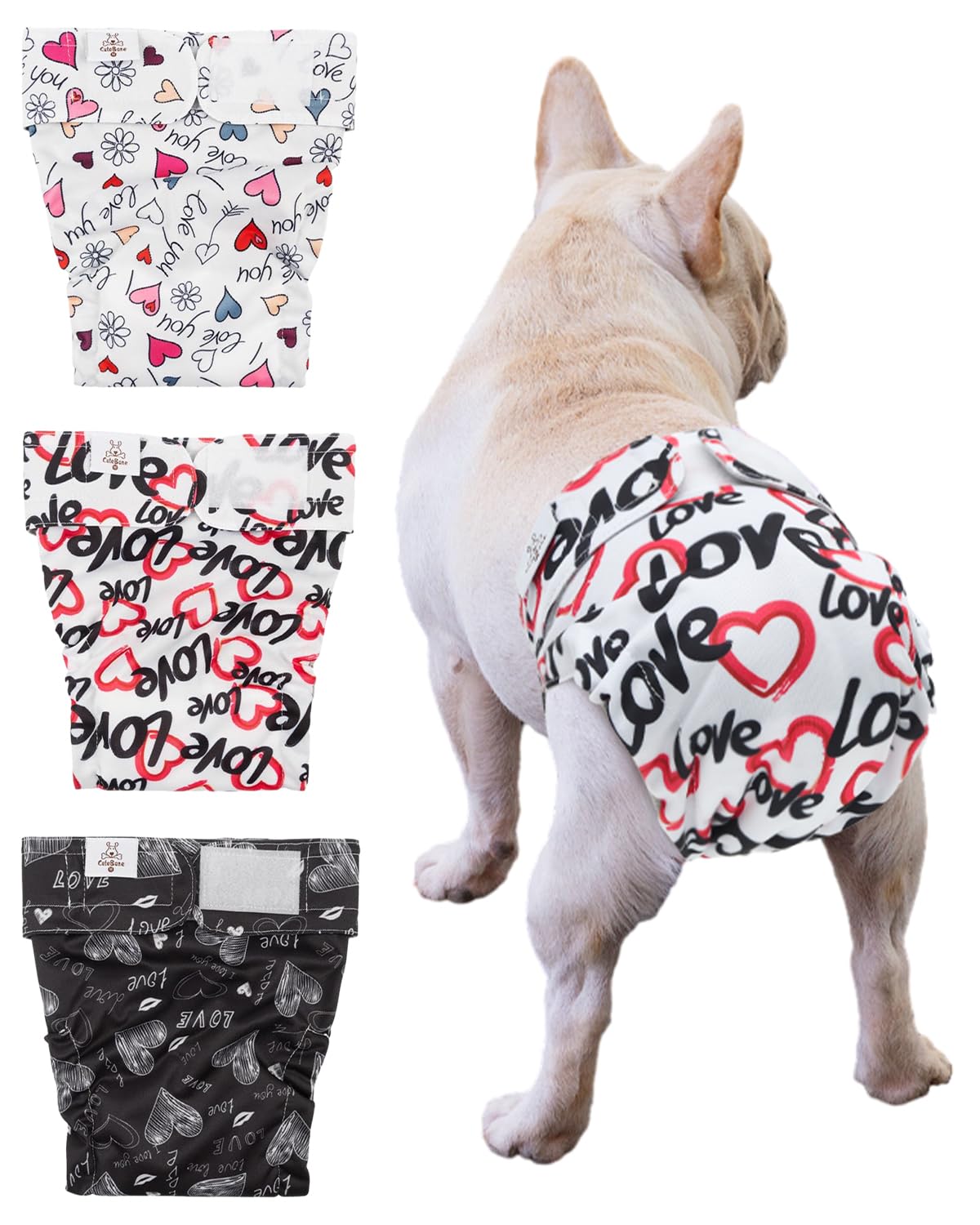 CuteBone Washable Dog Diapers Female No Tail Hole 3 Pack Reusable Doggie Period Training Pants for Docked-Tail Frenchie French Bulldog Boston Terrier