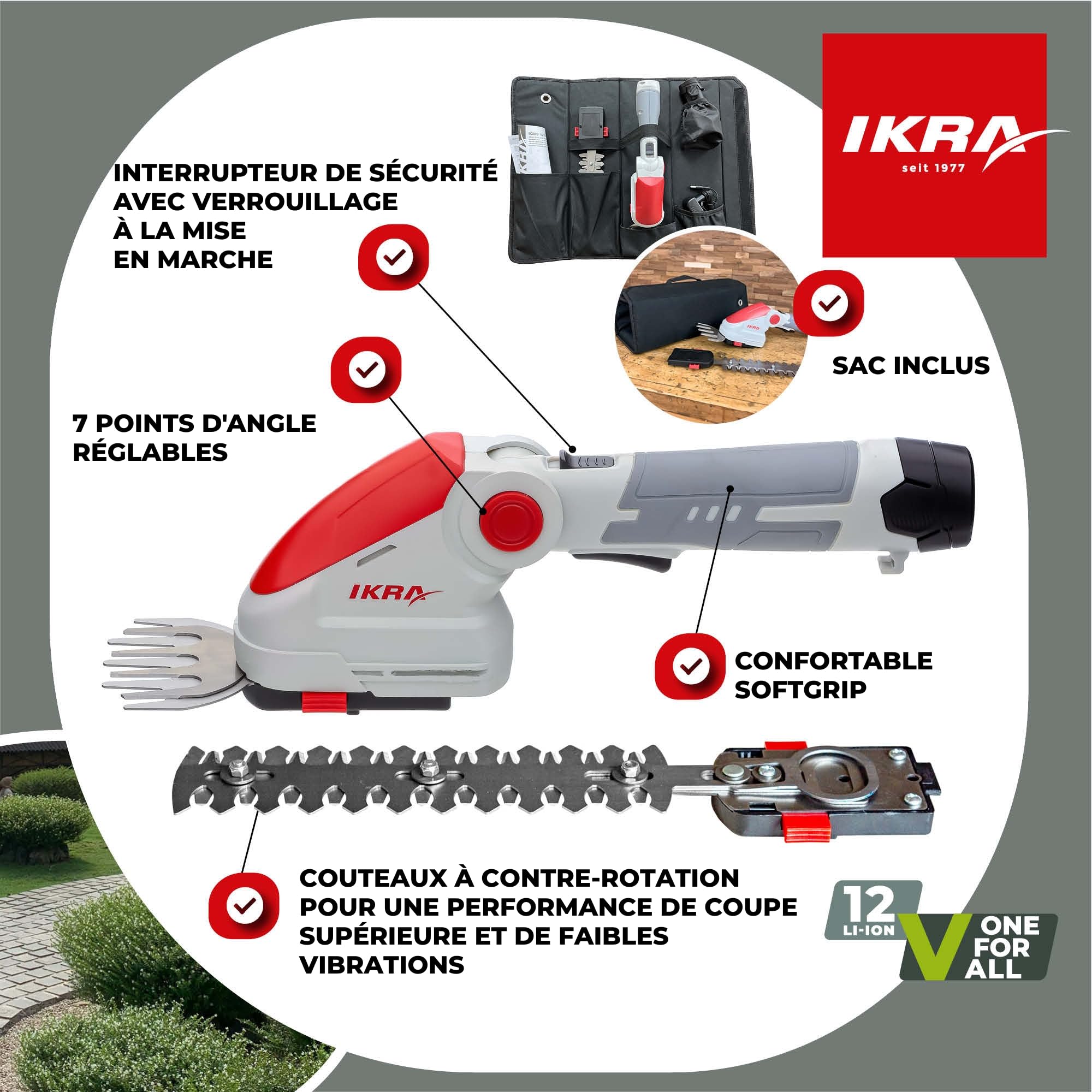IKRA cisaille à Gazon et sécateur sans Fil IGBS 1210 2-en-1, Sac Inclus