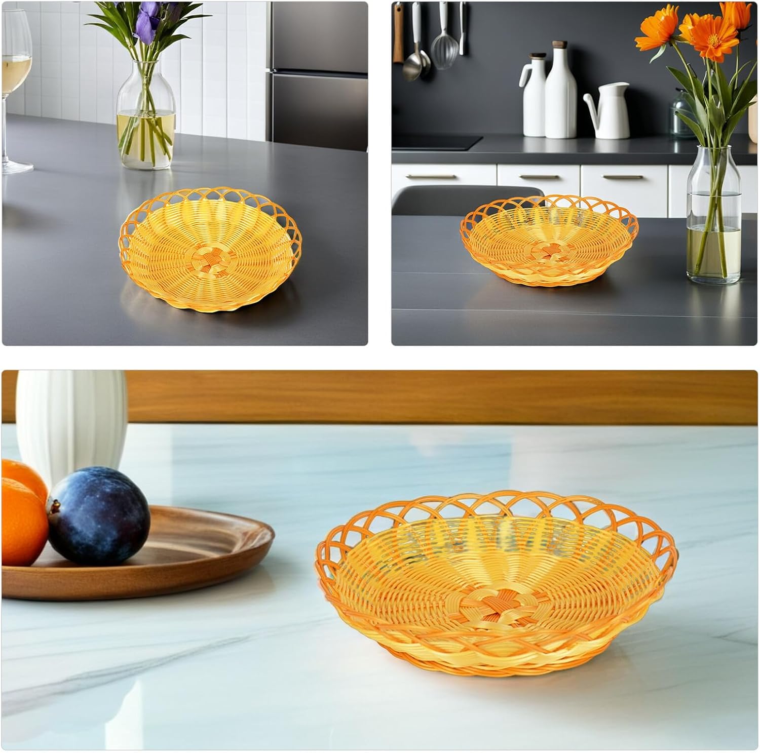 Alipis 12pcs round 20cm Imitation Rattan Woven Fruit and Bread Baskets Plastic Snack Serving Trays for Home Kitchen Restaurant Food Storage