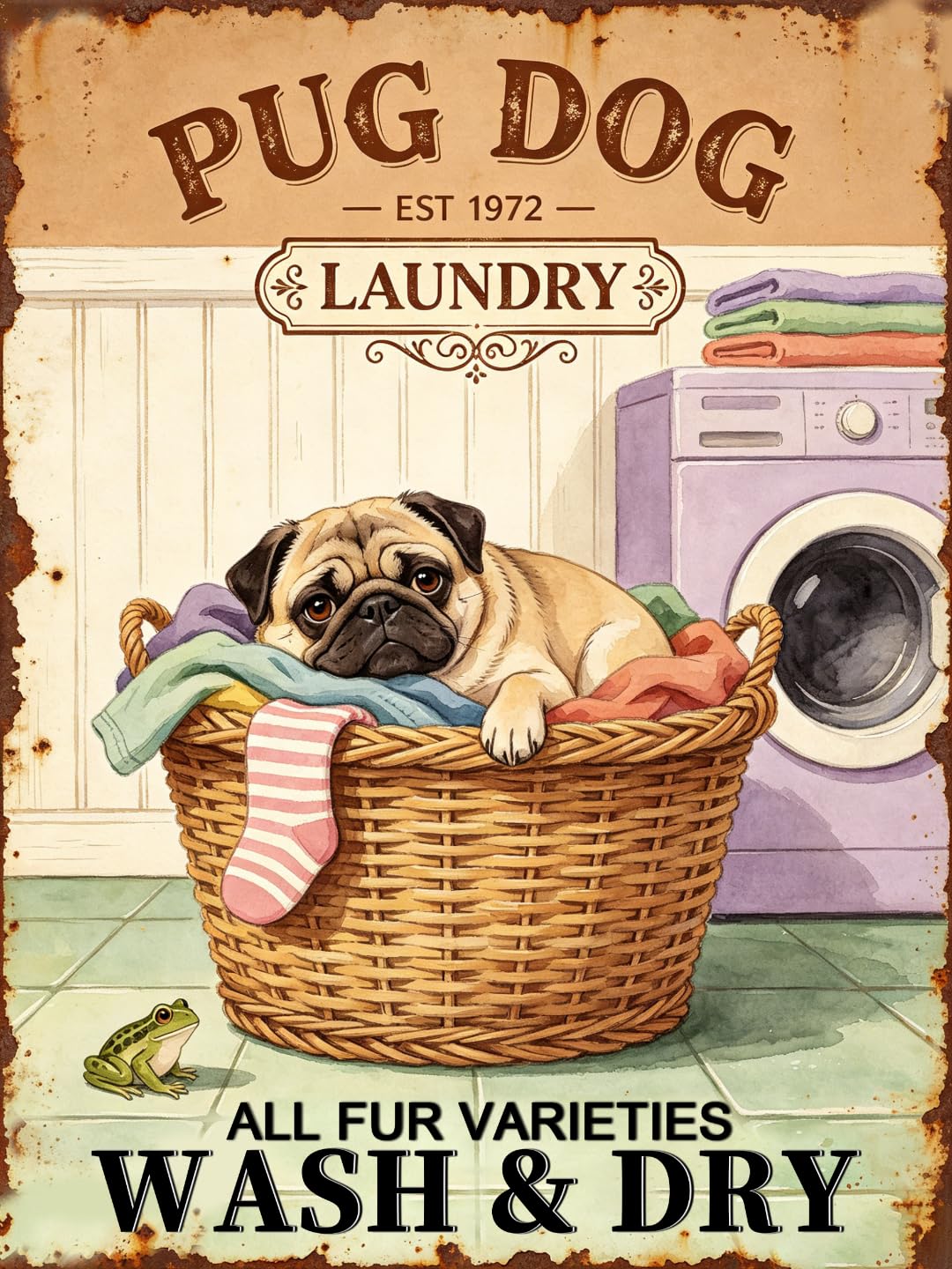 Vintage Pug Dog Laundry Tin Sign 40x60cm