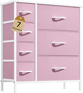 DWVO Dresser for Bedroom, 7 Drawers Fabric Dresser, Organizer Unit for Living Room, Hallway, Closets - Sturdy Steel Frame, Wooden Top & Easy Pull Fabric Bins, Pink