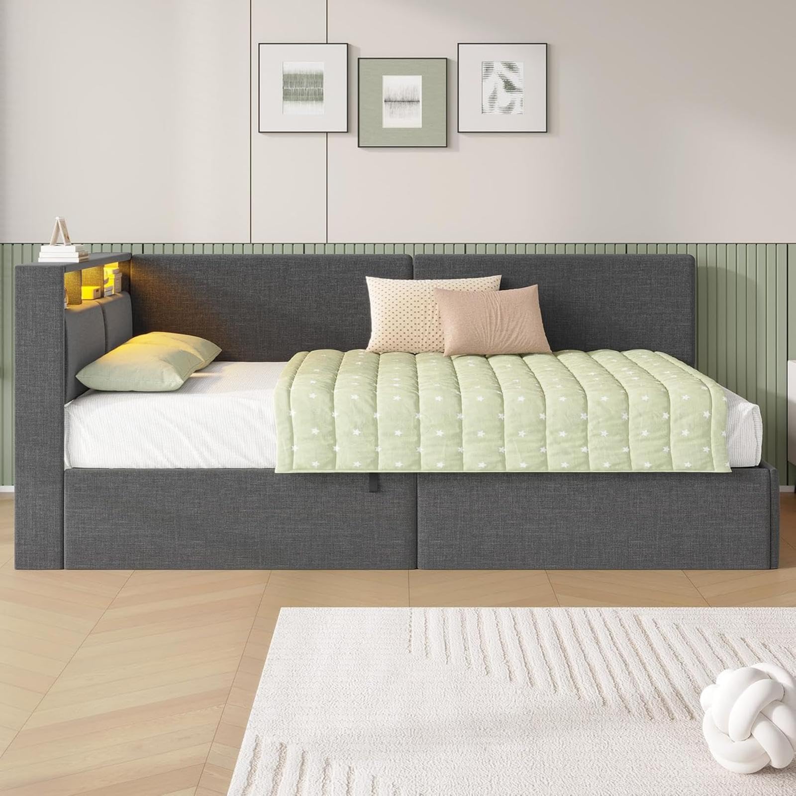 AOGLLATI Letto Singolo con Contenitore Idraulico 90x200, Divano Letto Singolo con Testiera Imbottita y Luce LED Regolabile, Struttura Letto Singolo con Stazione di Rricarica, Salvaspazio, Grigio Scuro
