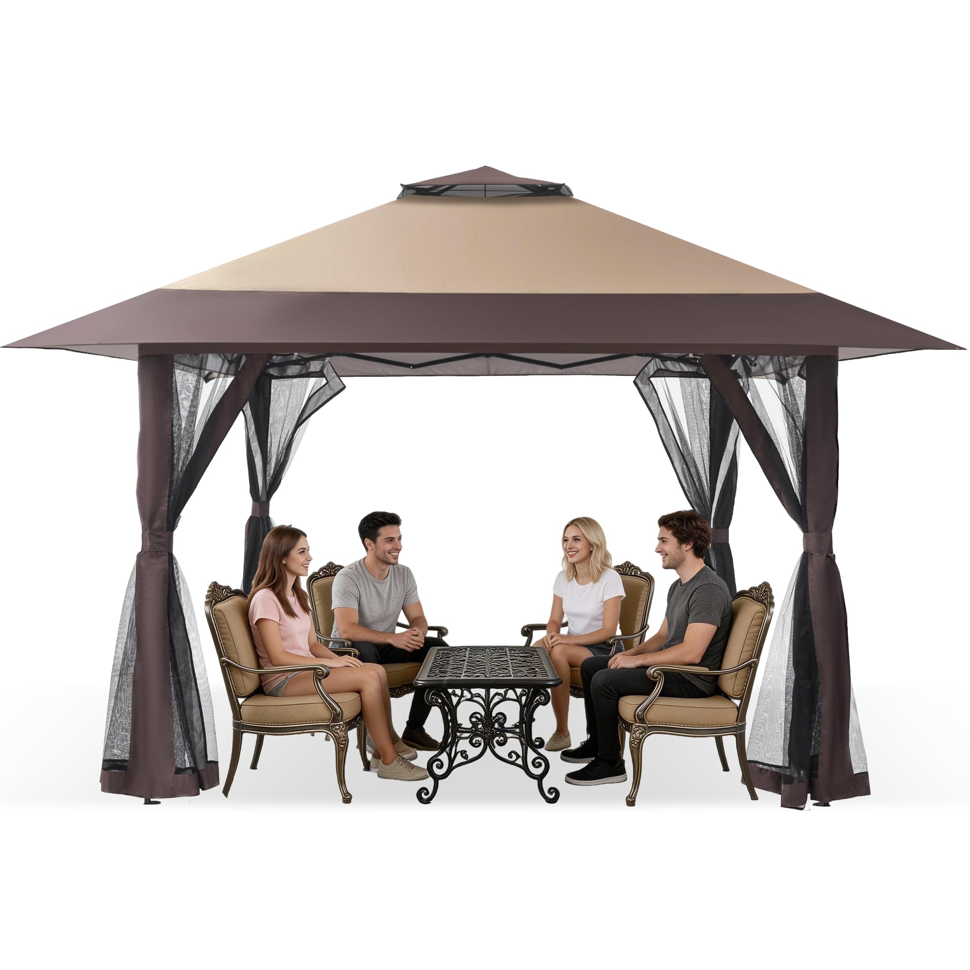 GAFETE 13x13 Pop Up Gazebo, Outdoor Canopy Tent with 4 Mosquito Netting, One Push Setup Gazebos for Patio Furniture, Backyard, Parties Events with Portable Carrrying Bag, 4 Sandbags (Beige & Coffee)