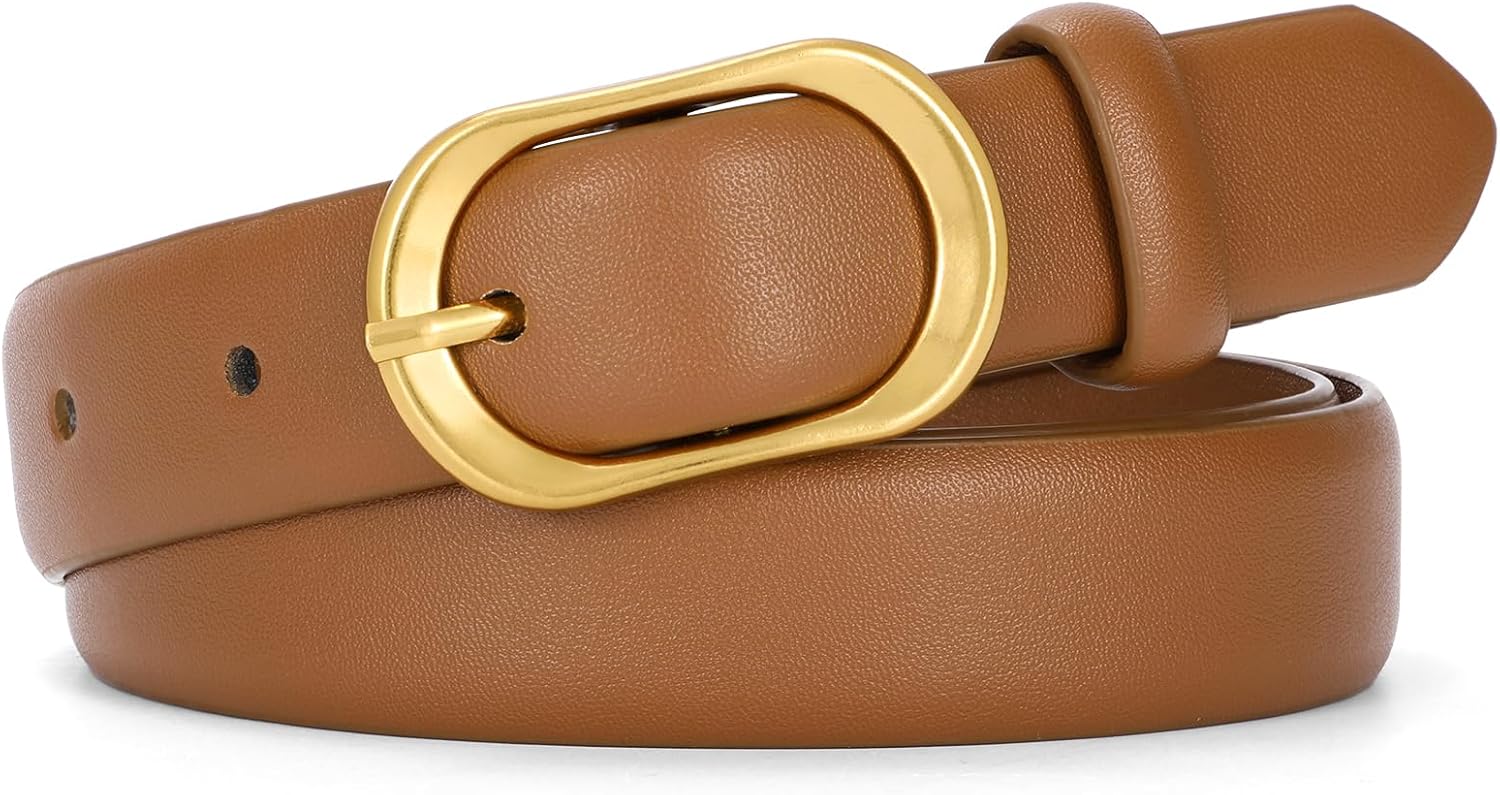SANSTHS Women Belt for Jeans with Gold Oval Buckle, Thin Belt for Dresses Pants, Adjustable Waist Belt for Daily Fashion