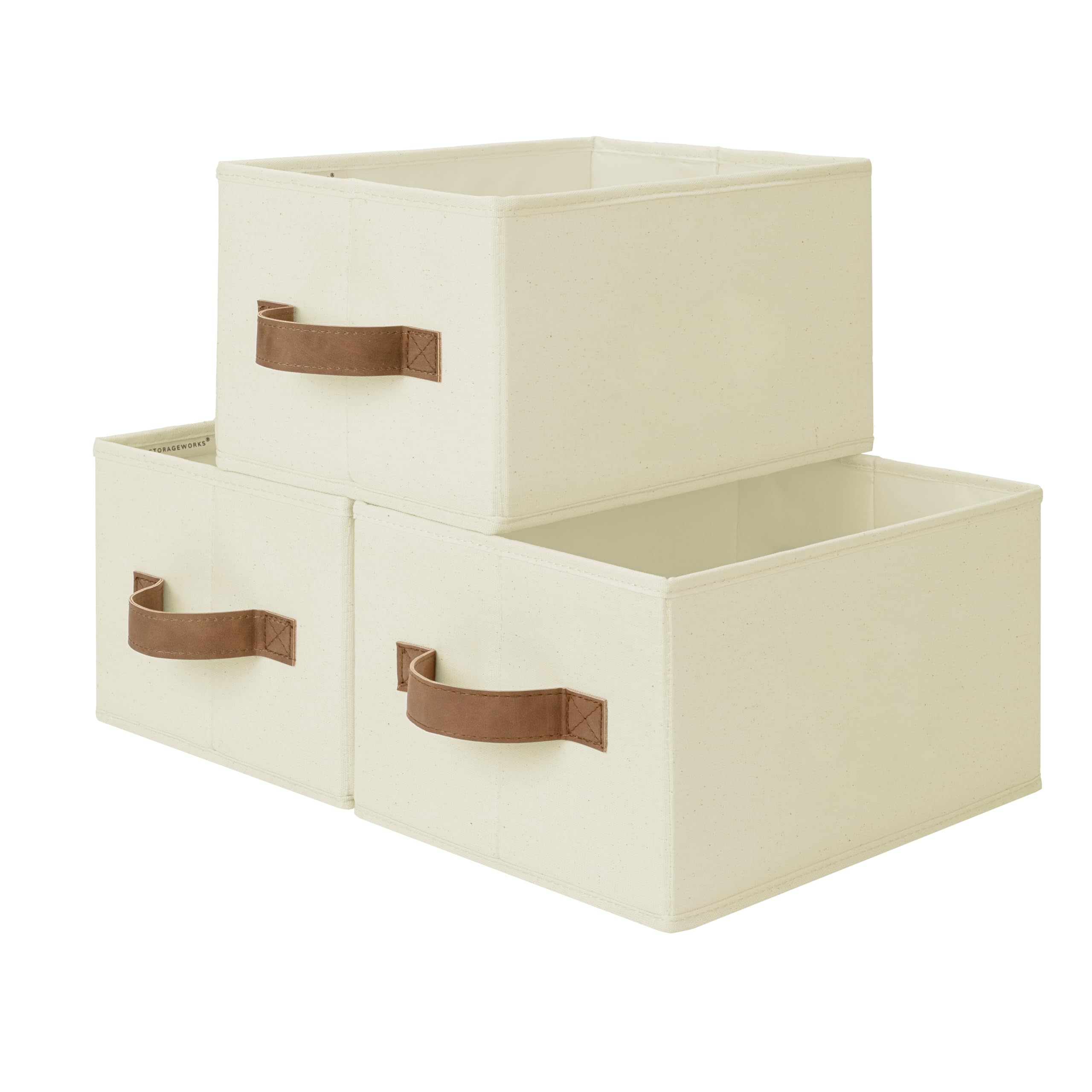 storageworks storage baskets for shelves, foldable fabric closet storage bins with pu handles, fabric storage bins clothes organizer, ivory white, 3-pack, small