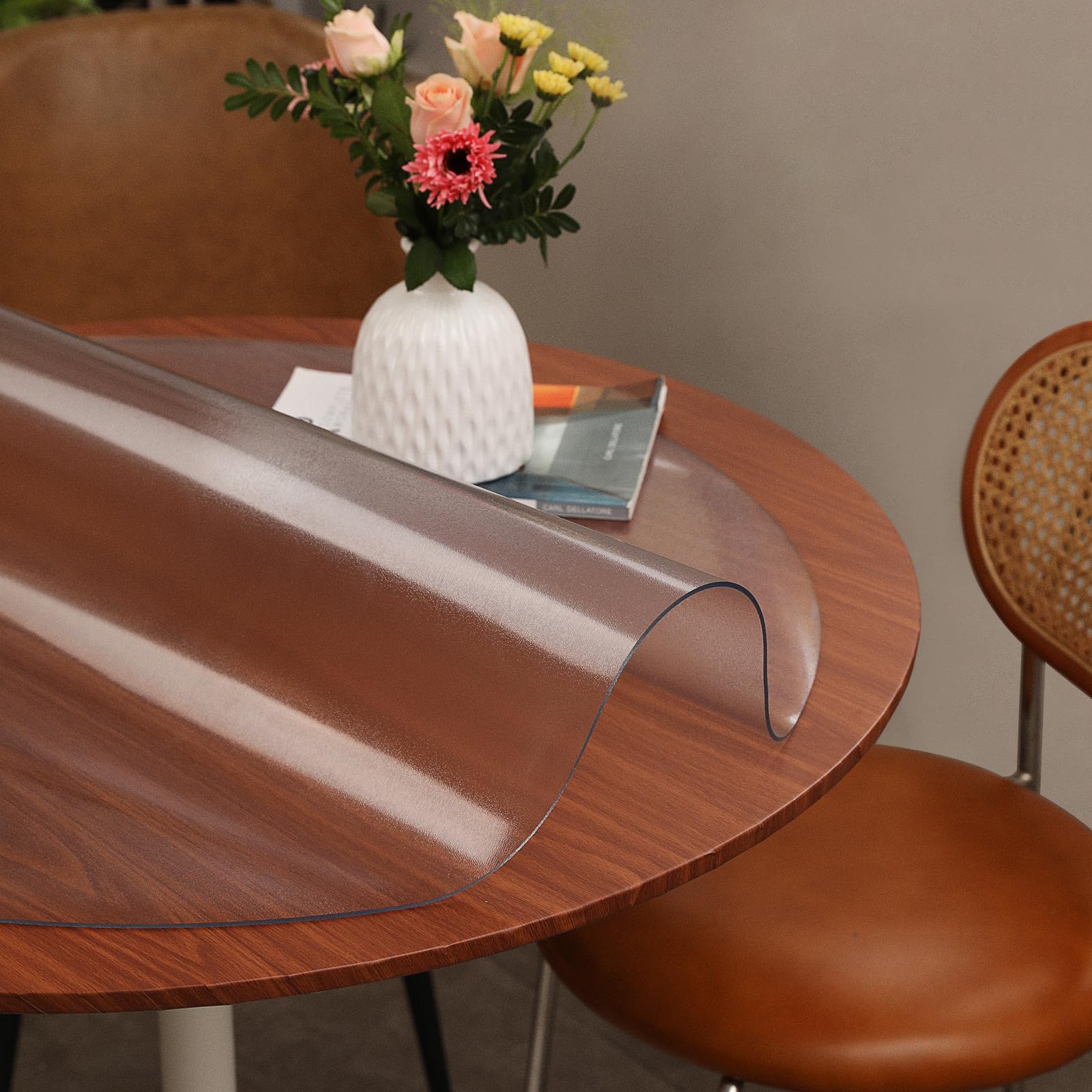 Frosted Round PVC Tablecloths Waterproof 2mm Dia.36 Inches Thick Anti-hot Round Table Cover Wipeable Frosted Transparent PVC Tablecloth Kitchen Dining Room Wood Furniture Protective Cover