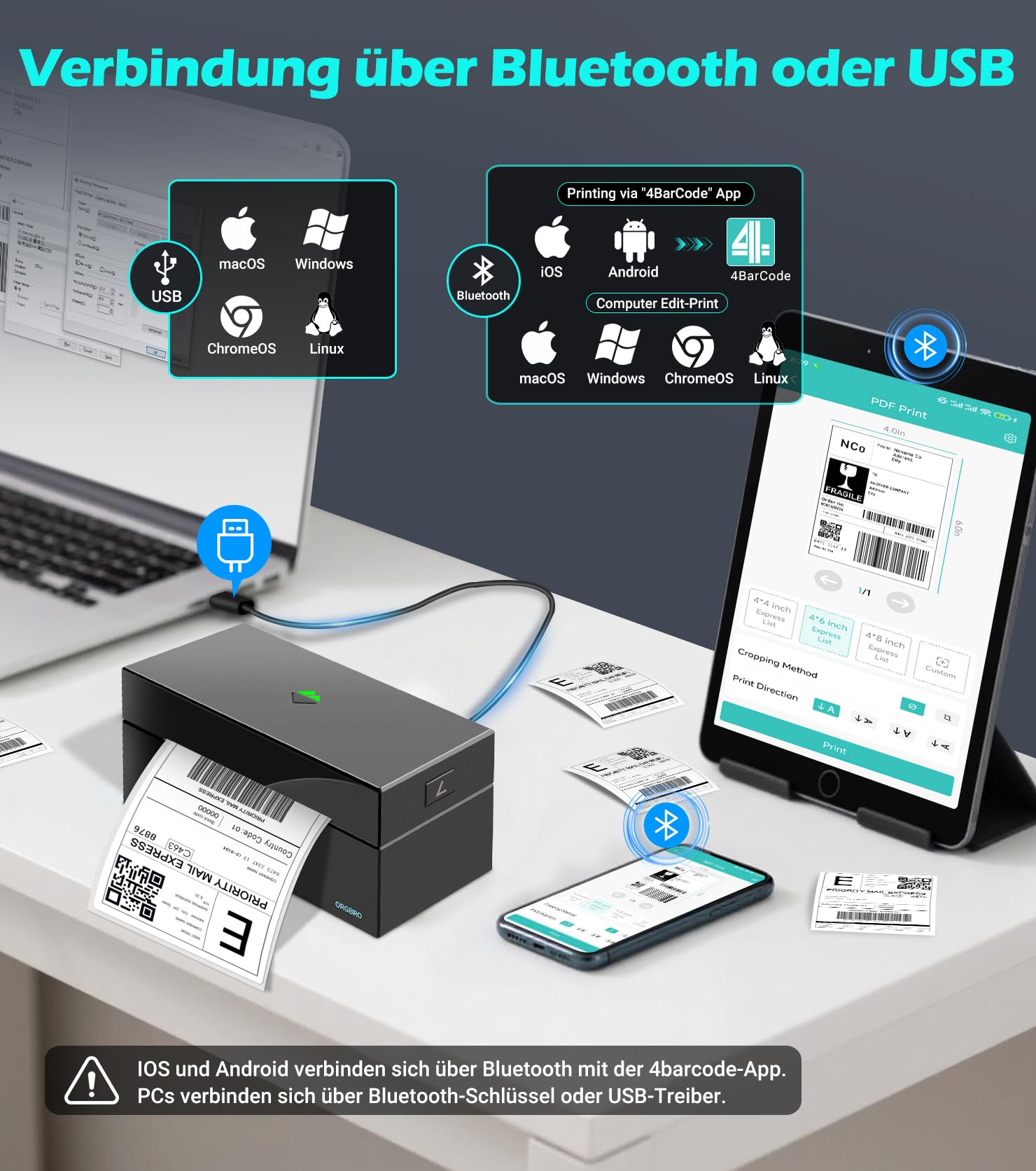 ORGBRO Bluetooth Etikettendrucker Z1 Plus DHL Thermodrucker Etikettiergerät 4x6 Versandetiketten Drucker Labeldrucker für Barcode, Adresse, Kompatibel mit Amazon, Etsy, Shopify, Schwarz