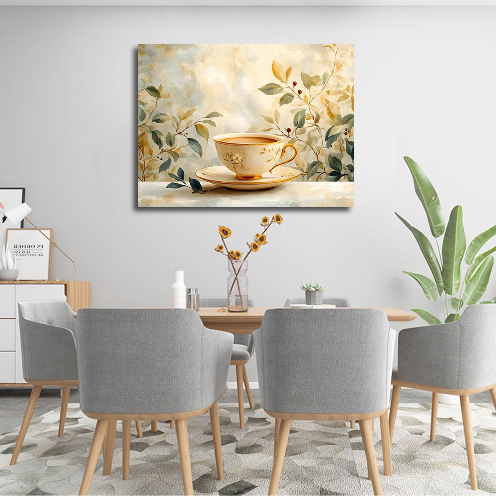 CHERHERART Lienzo de hoja botánica Arte de pared Exquisito juego de té café Impresión de cartel Elegante y acogedor Decoración de pared para restaurante Salón de té 75x100cm Marco interior