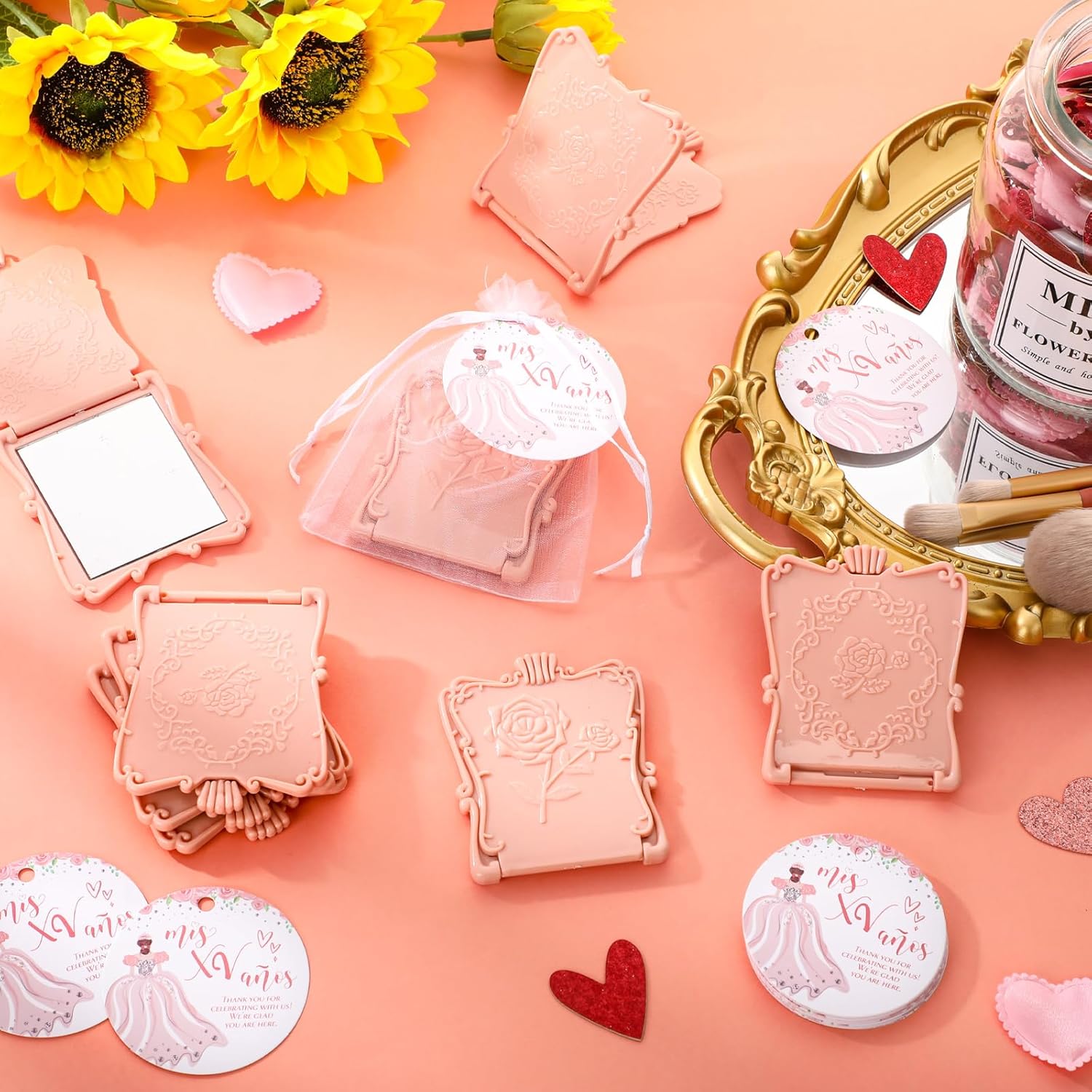 Wenqik 25 Set Quinceanera Party Favors for Guests Include Rose Compact Mirror Quinceanera Card and Organza Bag Mis Xv Sweet 15th Birthday Party Favors (Champagne) - Image 4