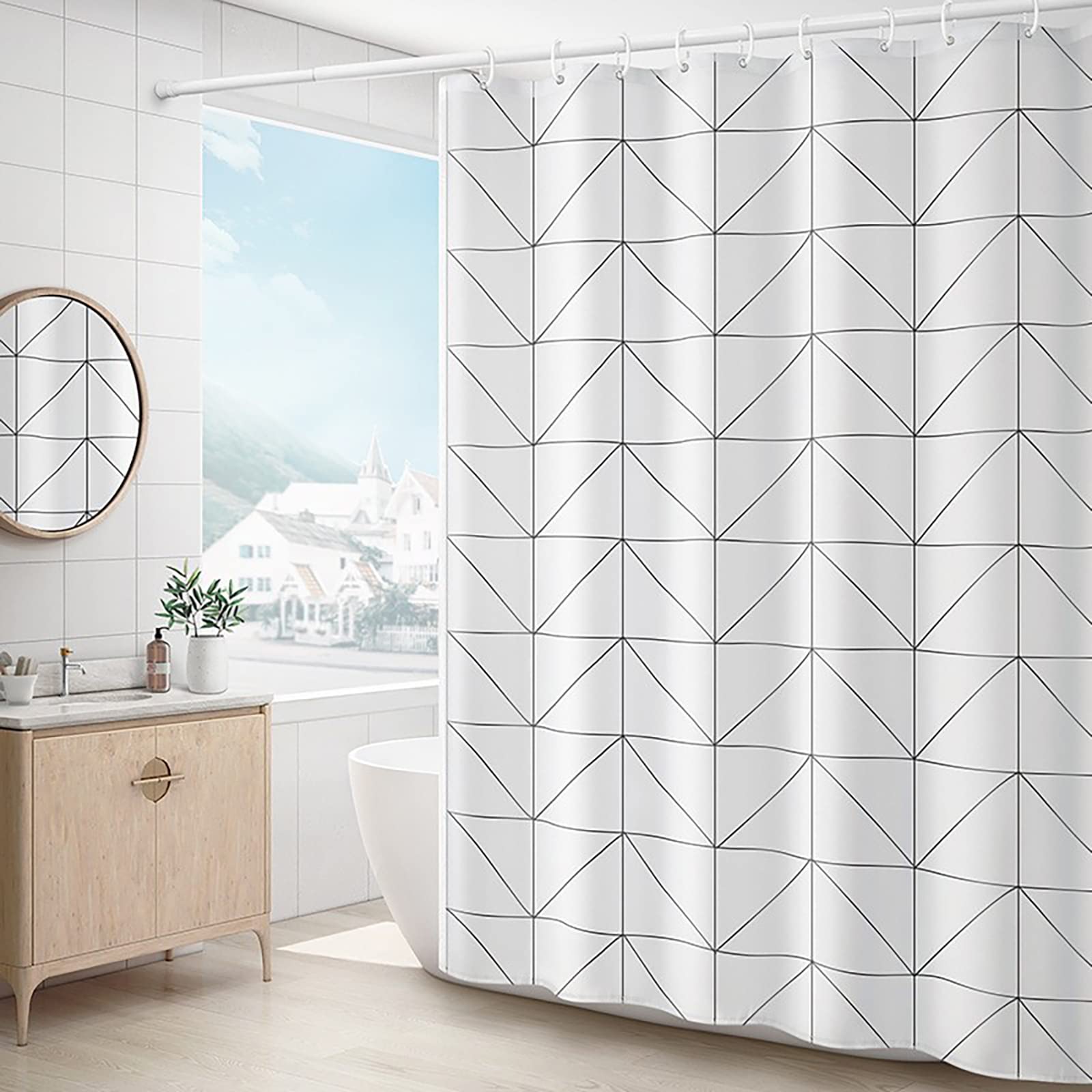 OCEUMACO Cortina de Ducha Antimoho Geometría Original Cortinas Baño Larga Lavable a Máquina 200x200 Estampada Herringbone Nordica Moderna Tela Poliester Impermeable Opaca con Anillas - Blanca